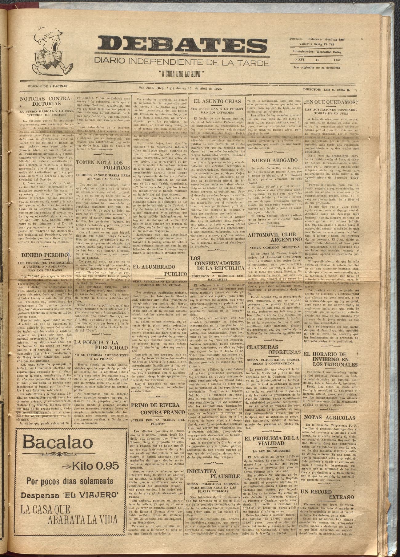Portada · Diario Debates del 15 de abril de 1926