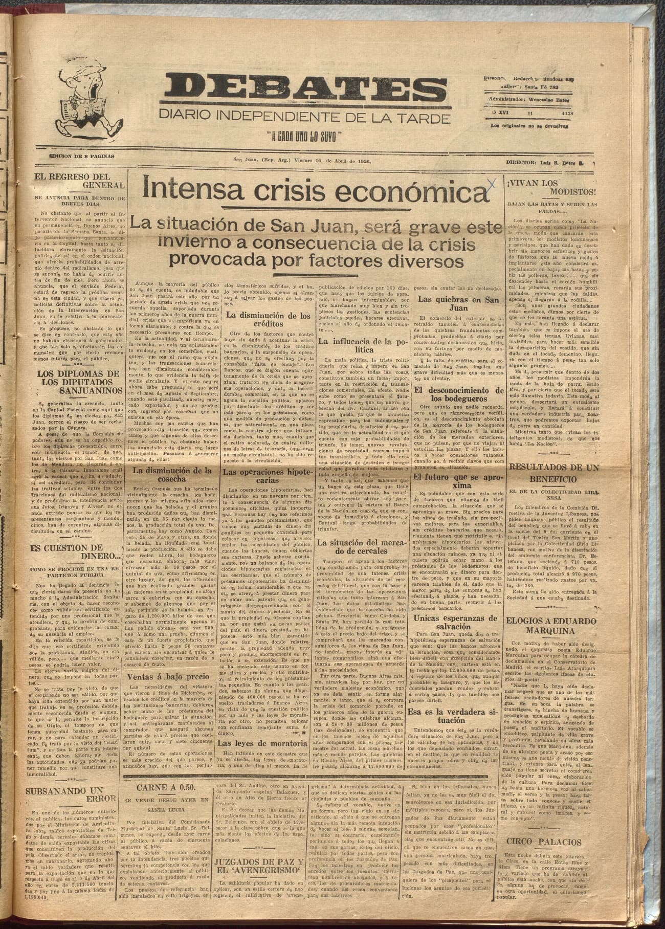 Portada · Diario Debates del 16 de abril de 1926