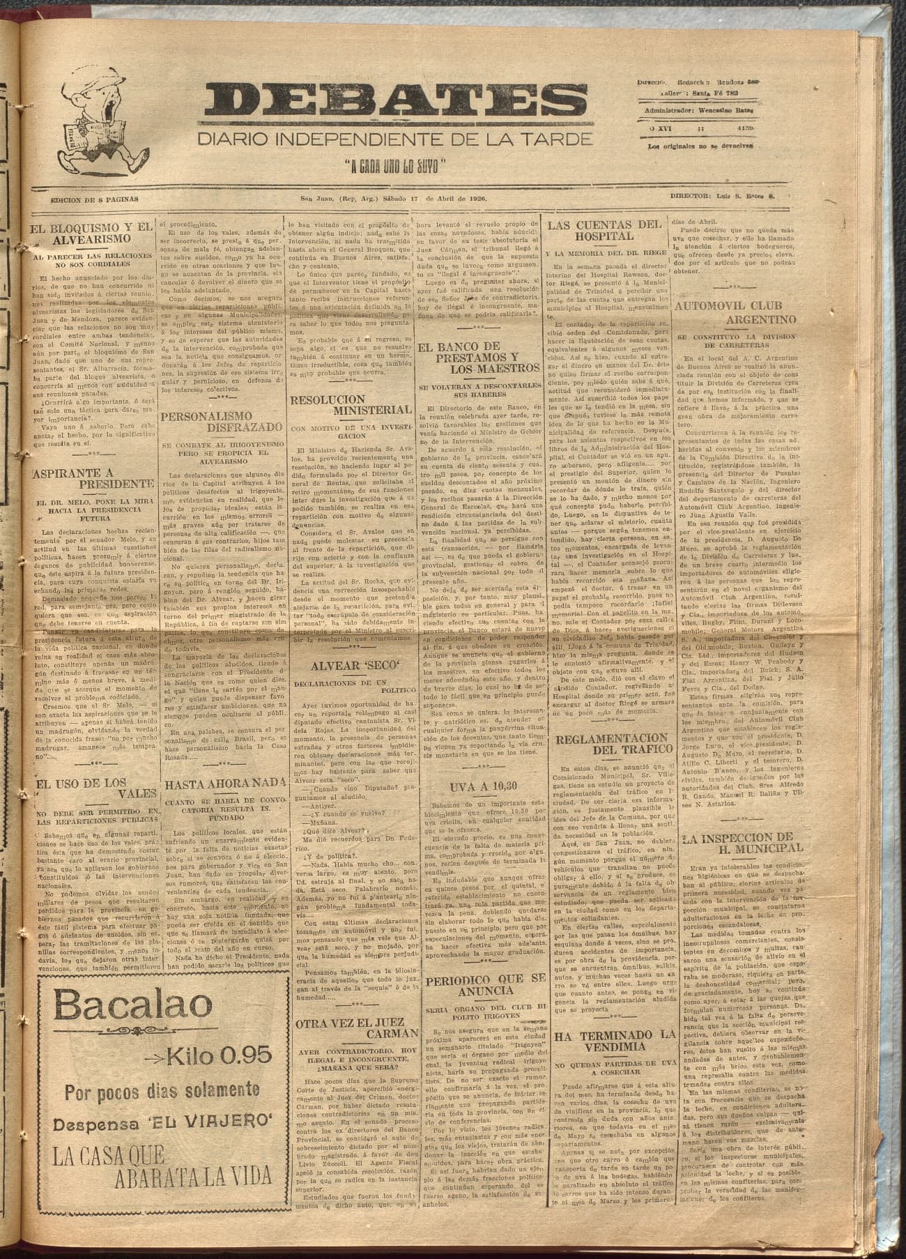 Portada · Diario Debates del 17 de abril de 1926