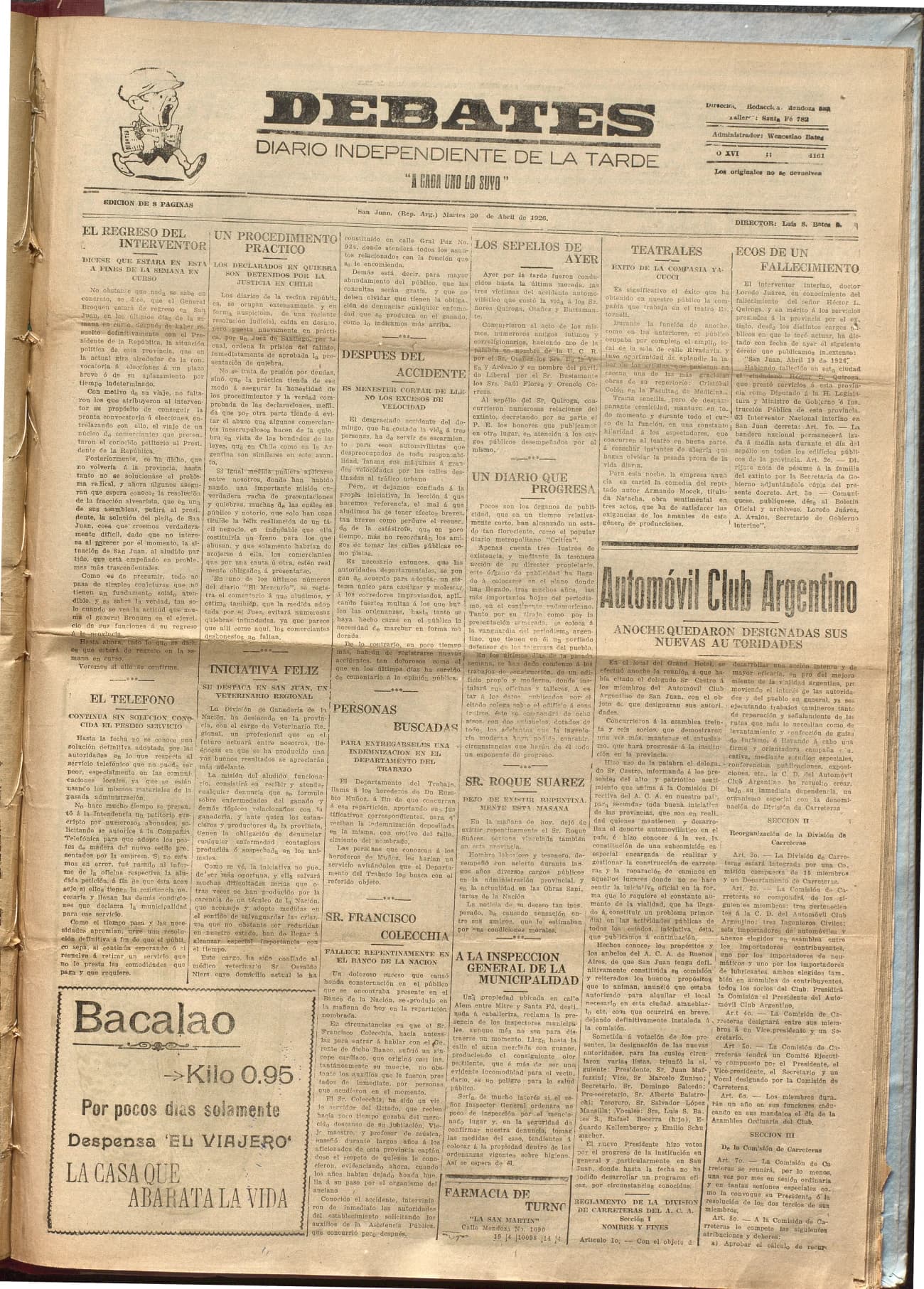 Portada · Diario Debates del 20 de abril de 1926