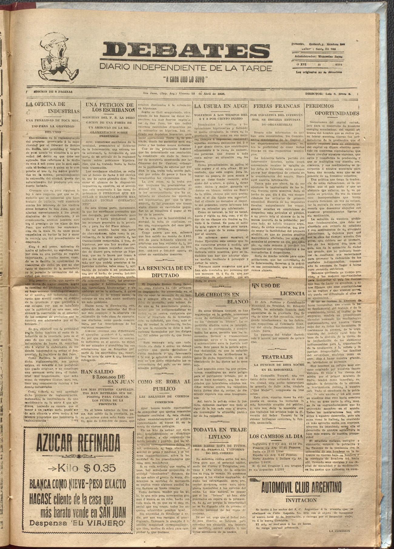 Portada · Diario Debates del 23 de abril de 1926