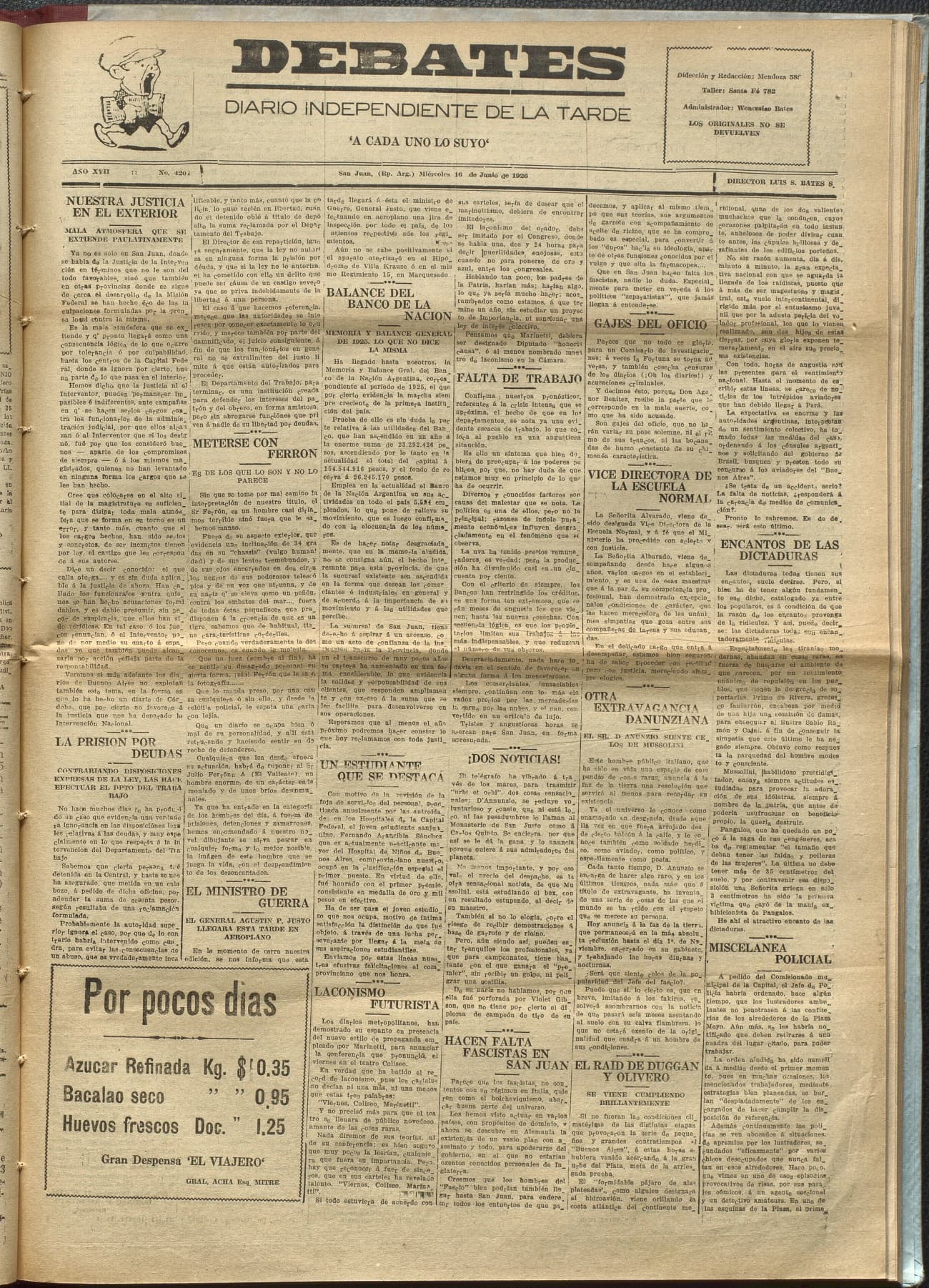 Portada · Diario Debates del 16 de junio de 1926