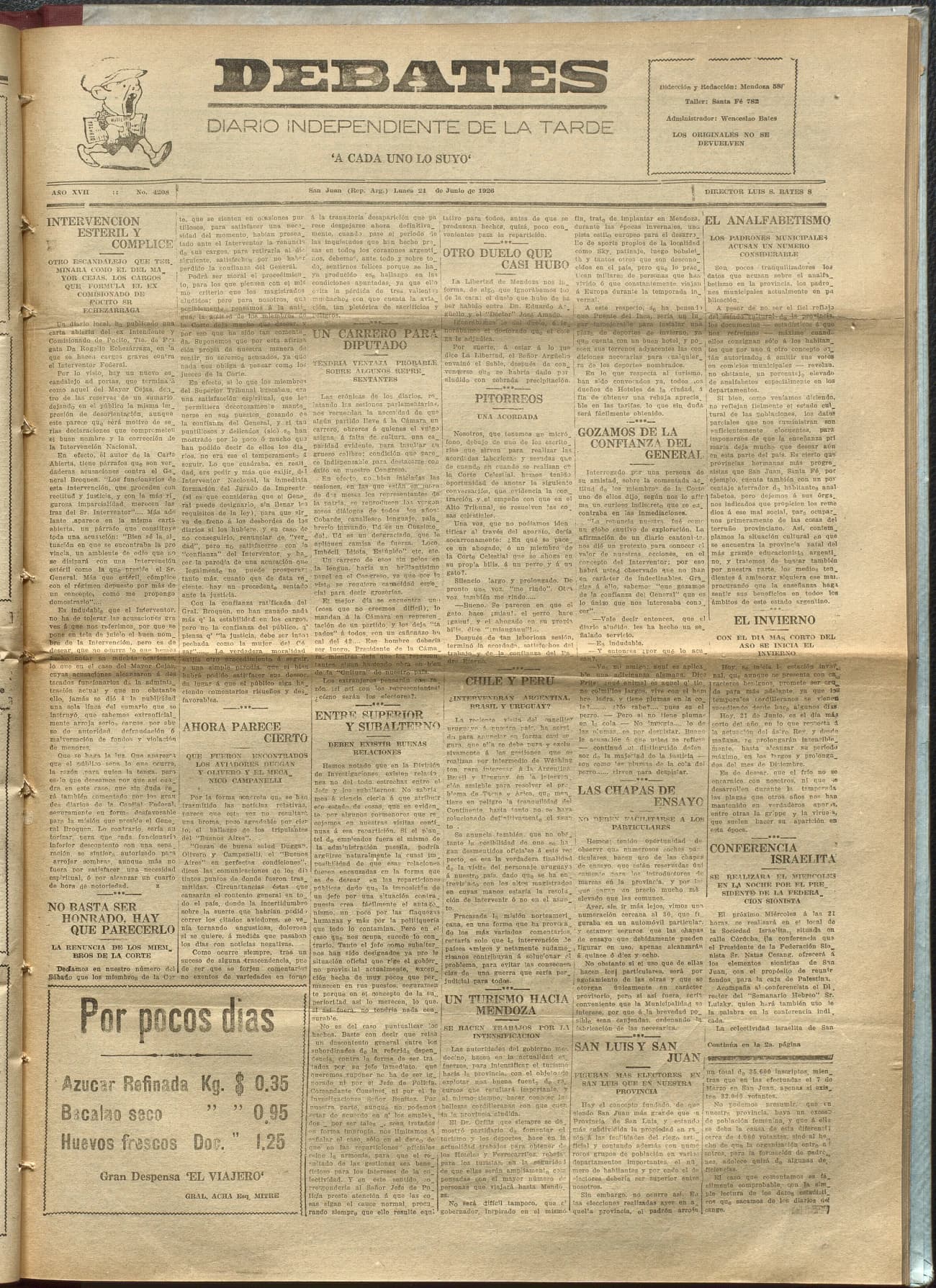 Portada · Diario Debates del 21 de junio de 1926