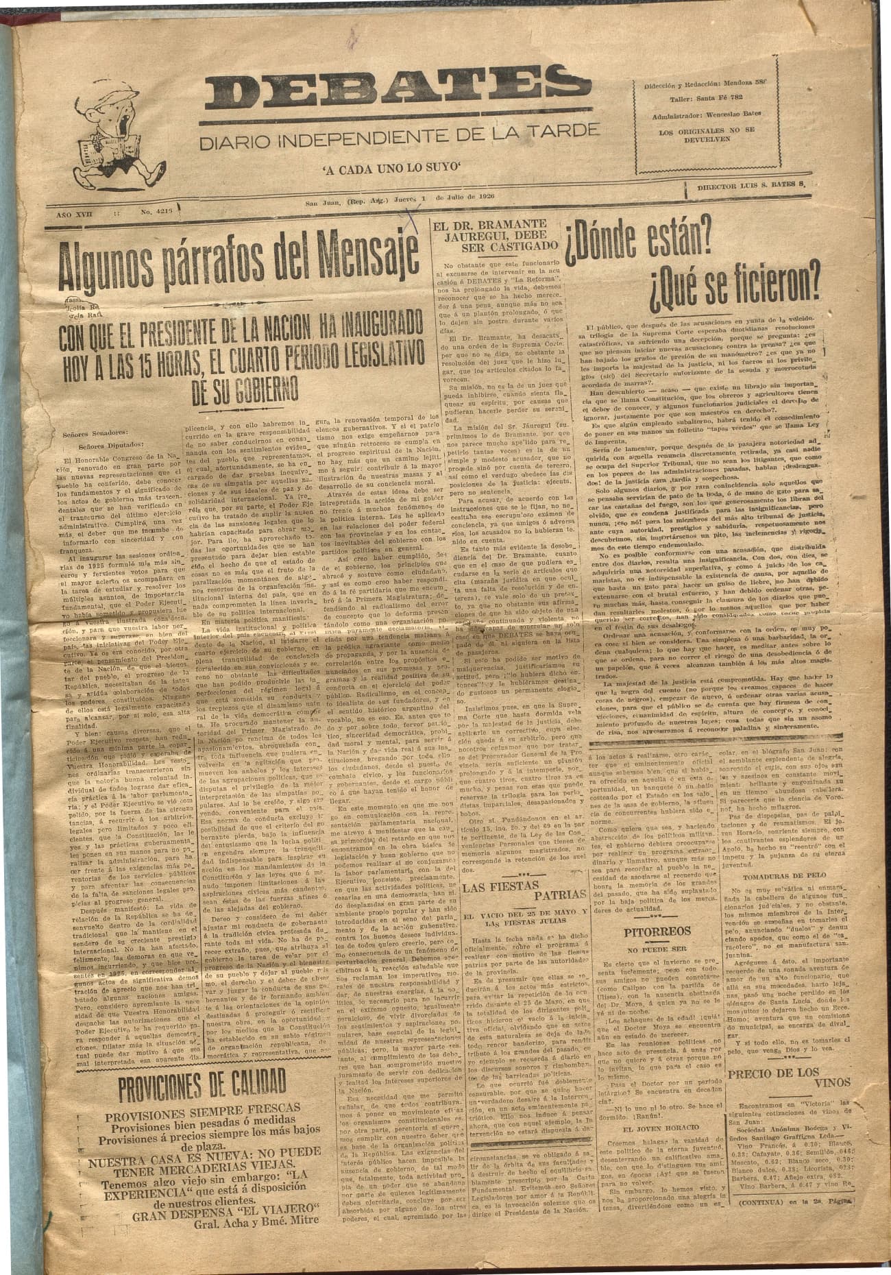 Portada · Diario Debates del 1 de julio de 1926