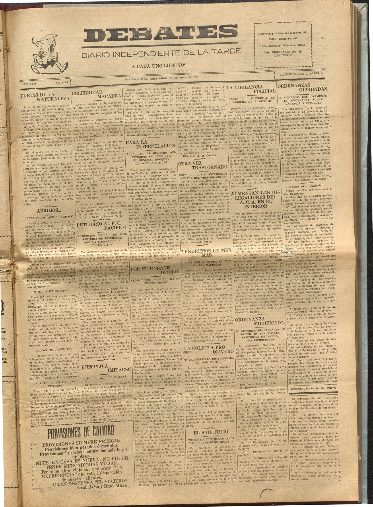 Portada · Diario Debates del 3 de julio de 1926