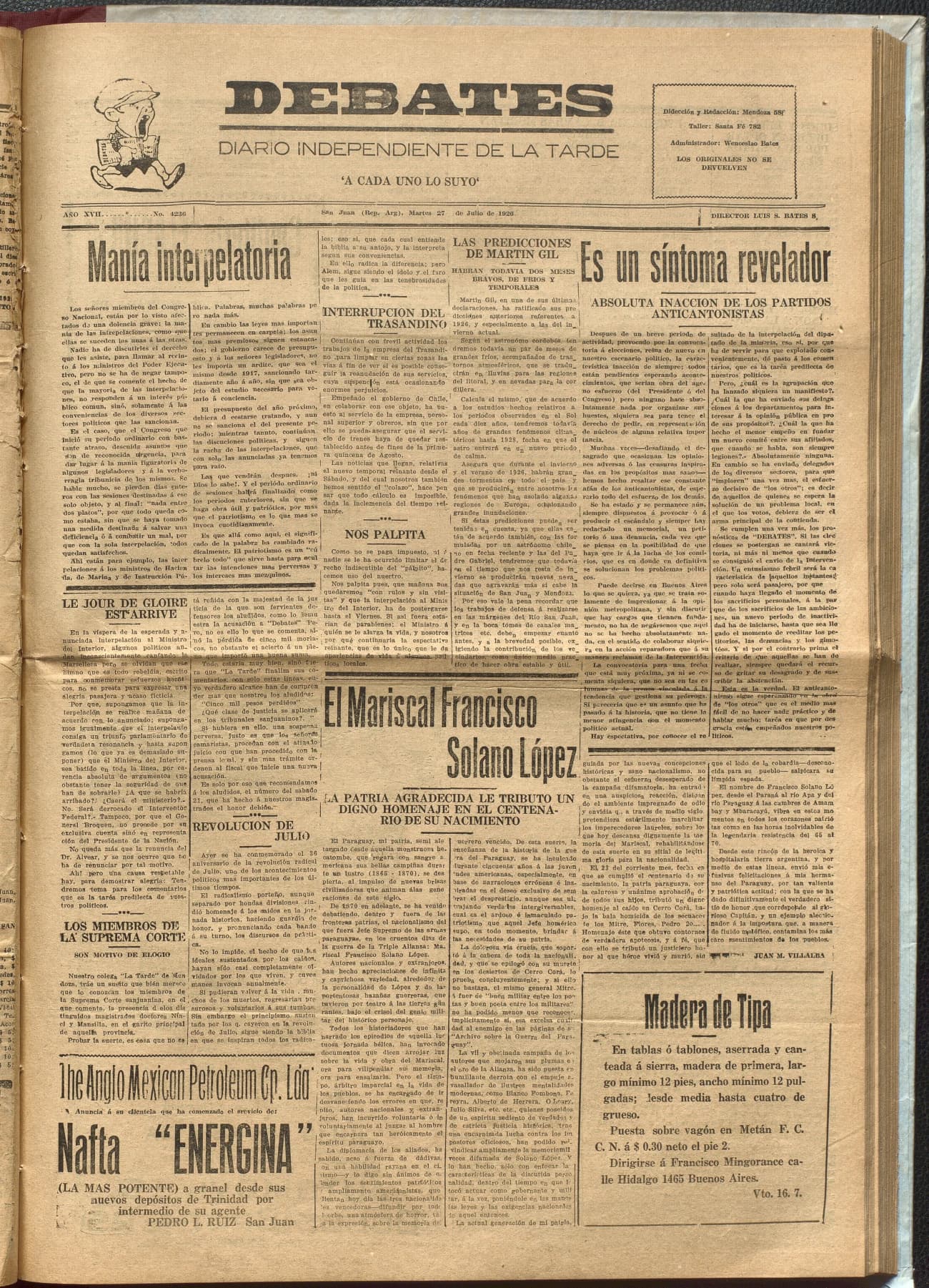 Portada · Diario Debates del 27 de julio de 1926