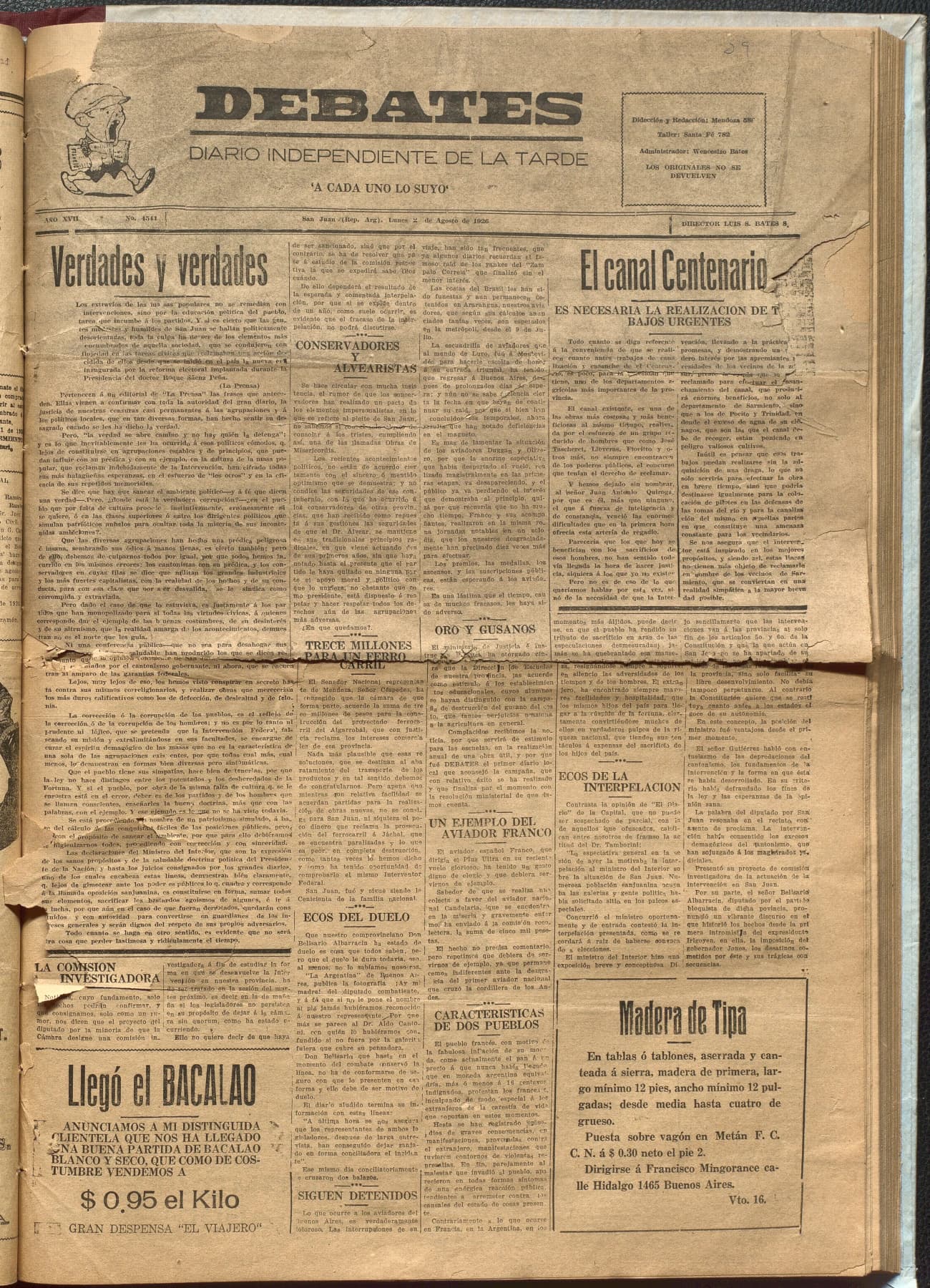 Portada · Diario Debates del 2 de agosto de 1926