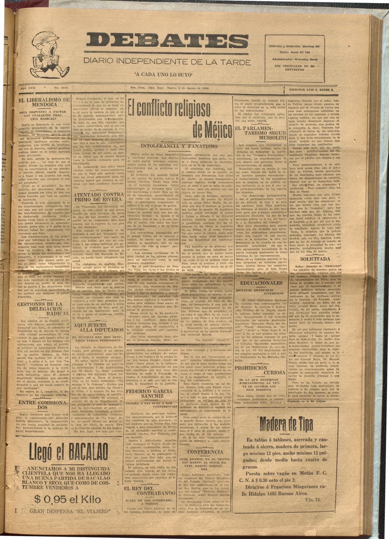 Portada · Diario Debates del 3 de agosto de 1926