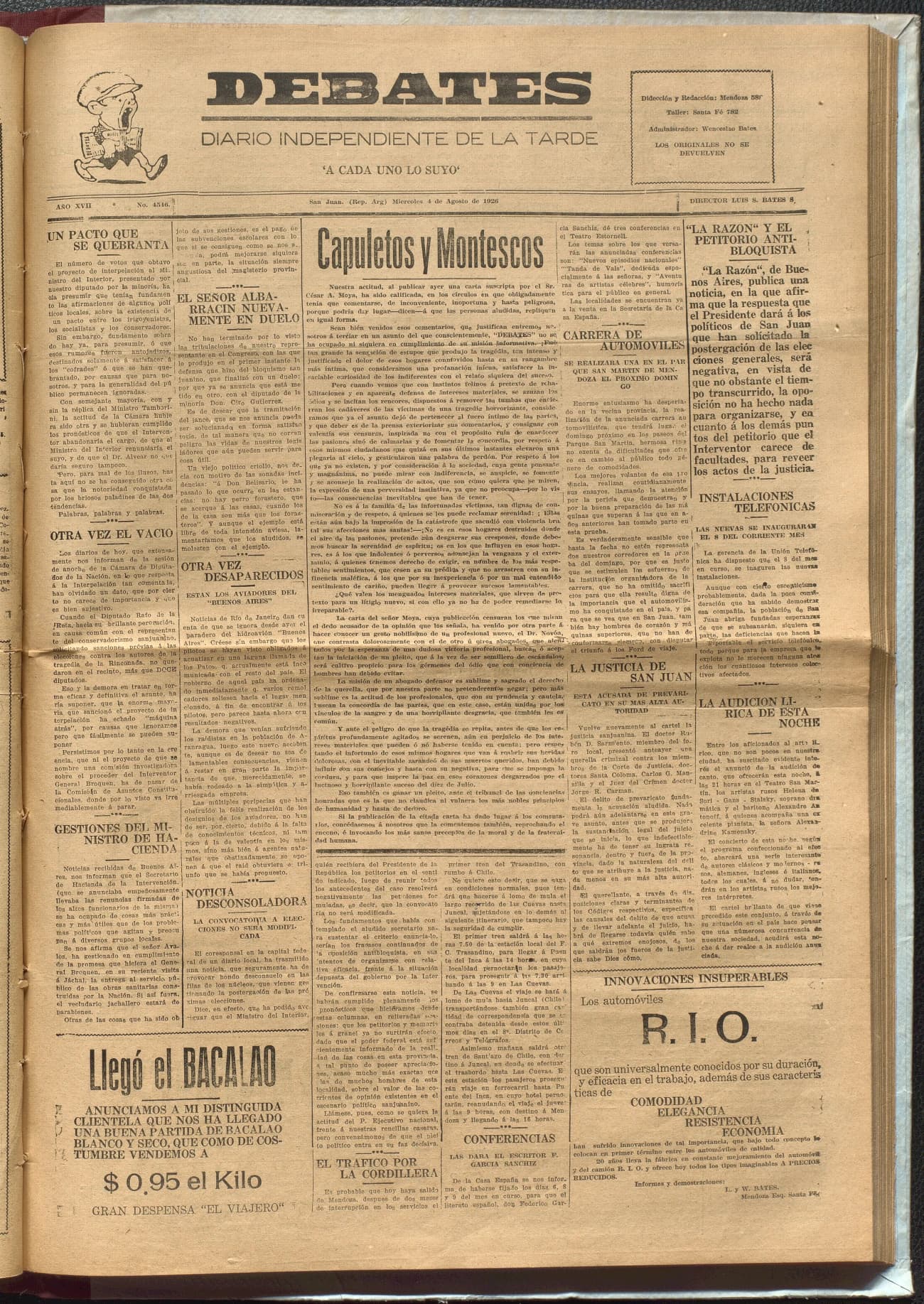Portada · Diario Debates del 4 de agosto de 1926