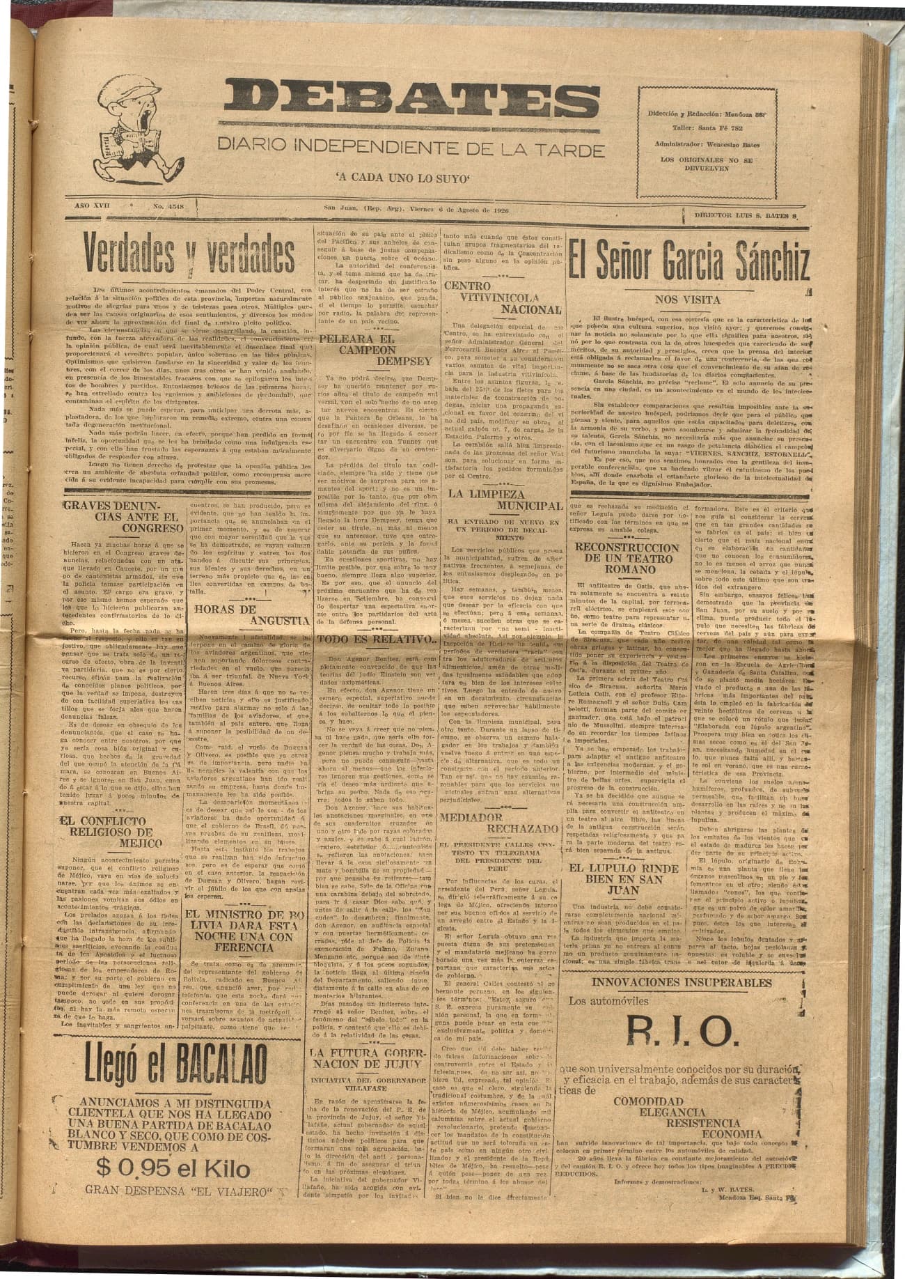 Portada · Diario Debates del 6 de agosto de 1926