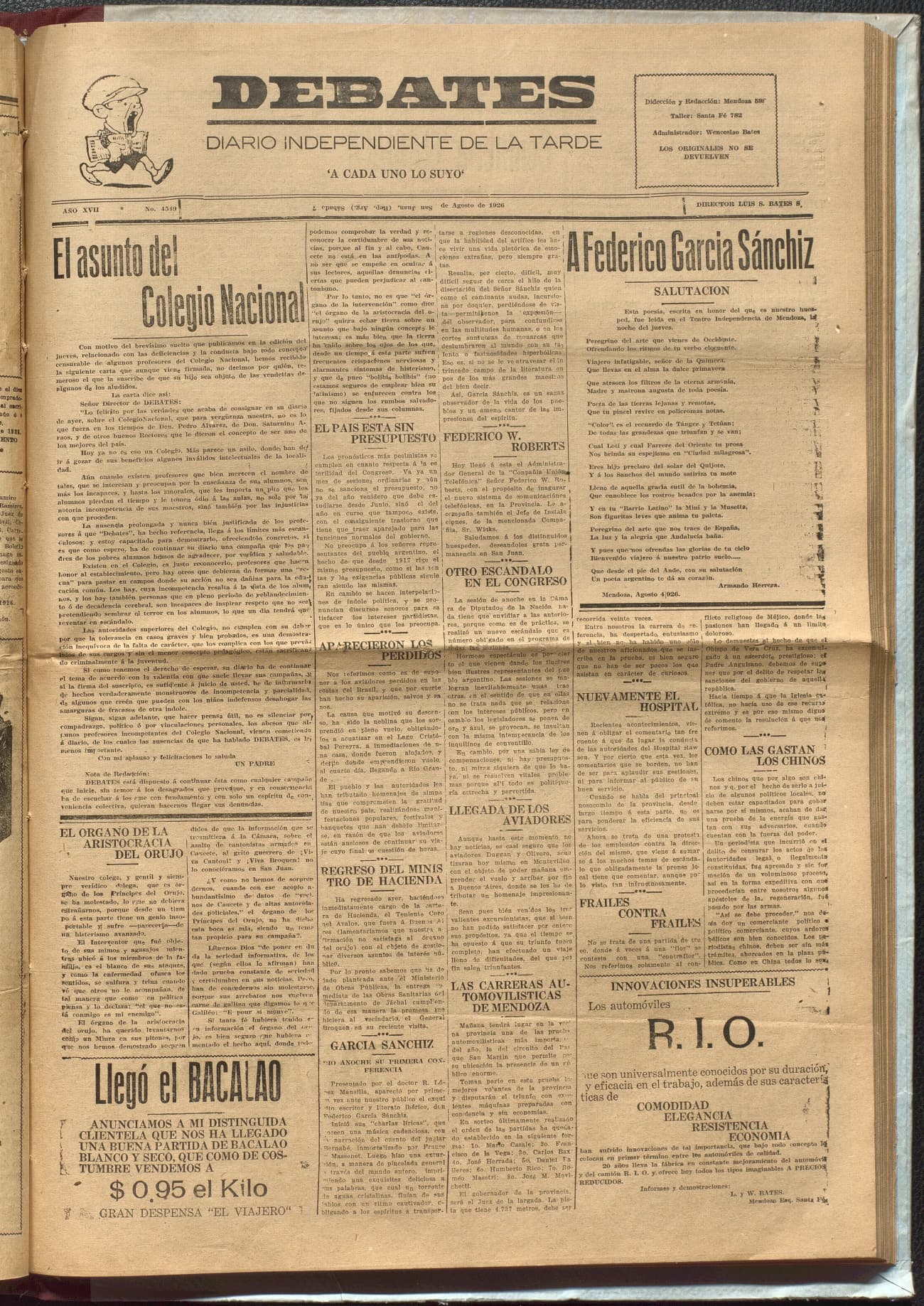 Portada · Diario Debates del 7 de agosto de 1926