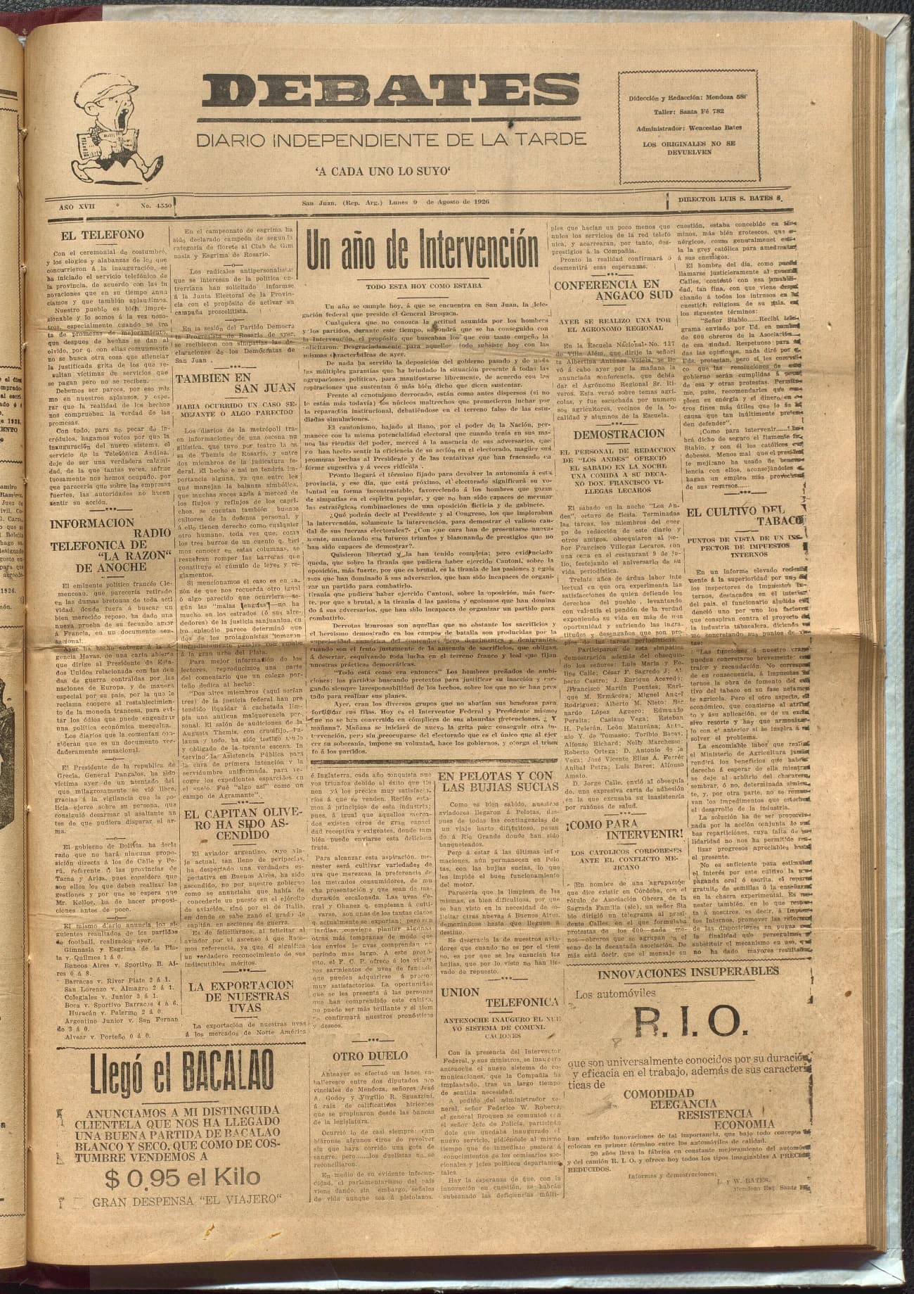Portada · Diario Debates del 9 de agosto de 1926