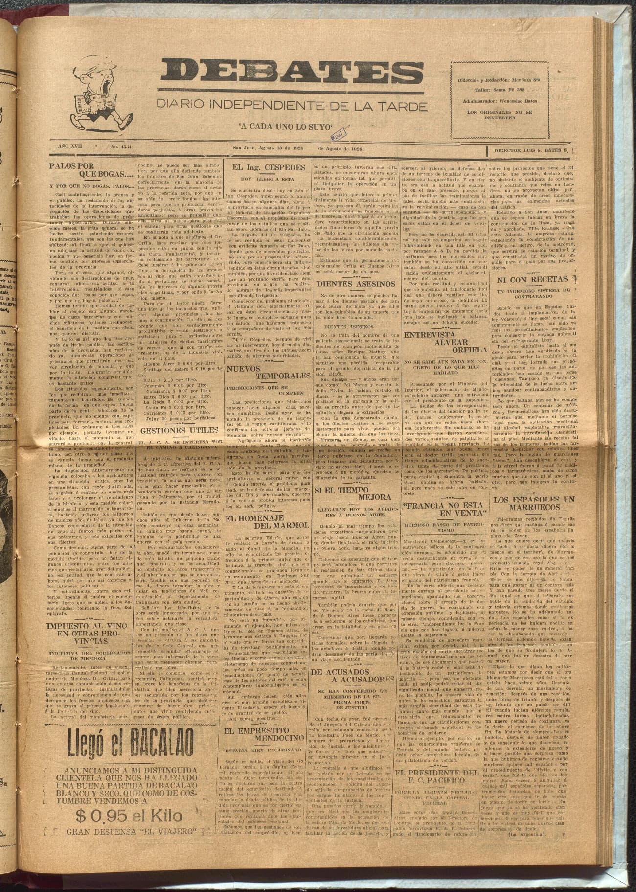 Portada · Diario Debates del 13 de agosto de 1926
