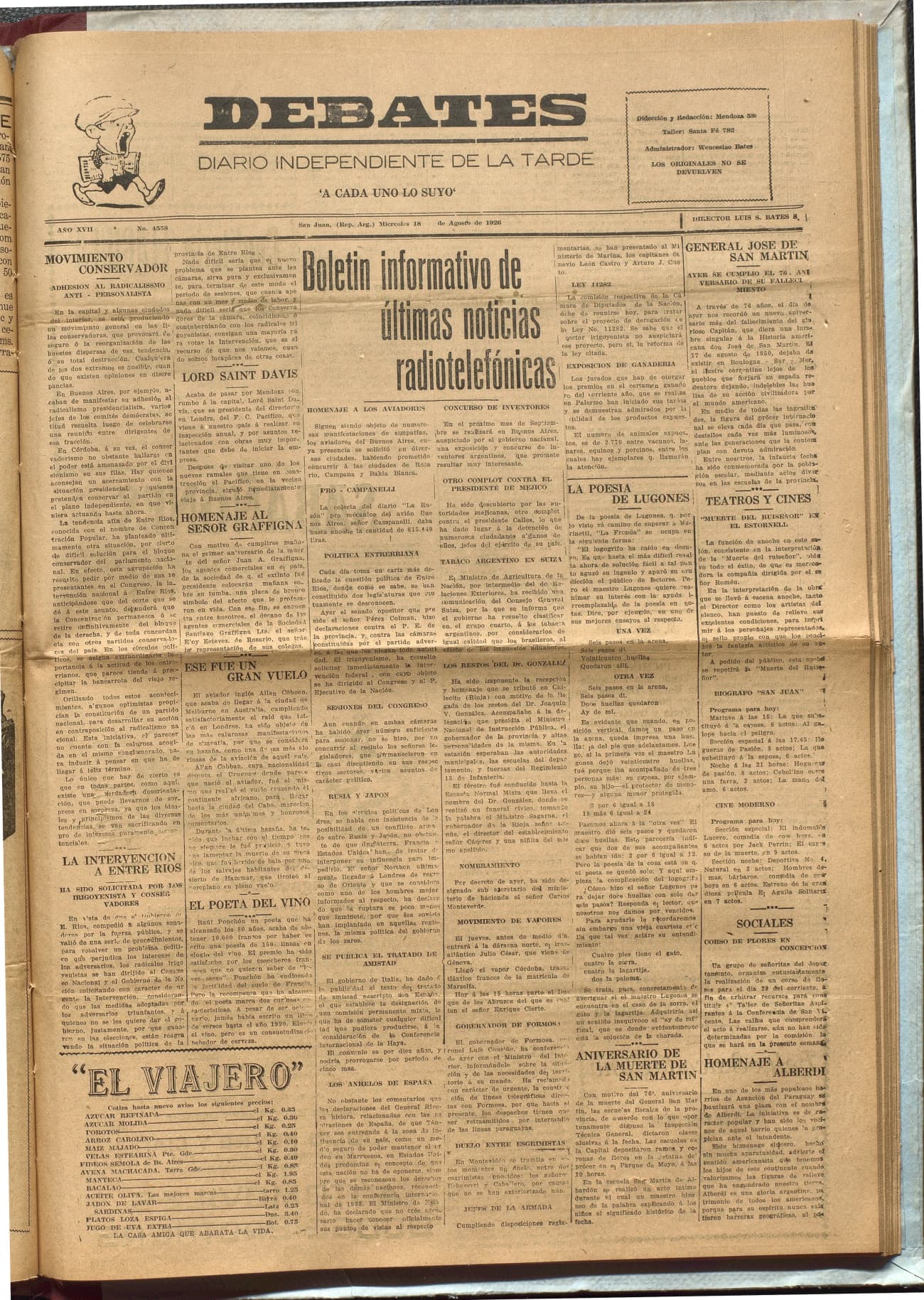 Portada · Diario Debates del 18 de agosto de 1926
