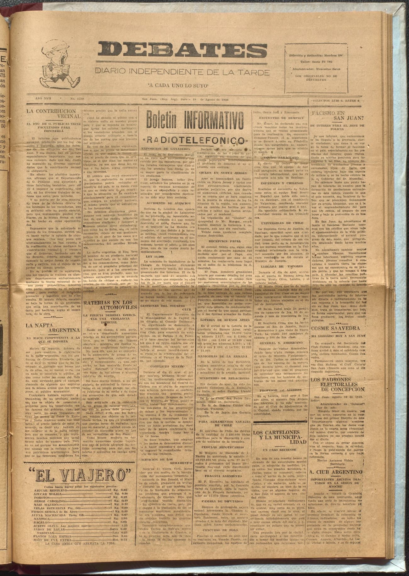Portada · Diario Debates del 19 de agosto de 1926