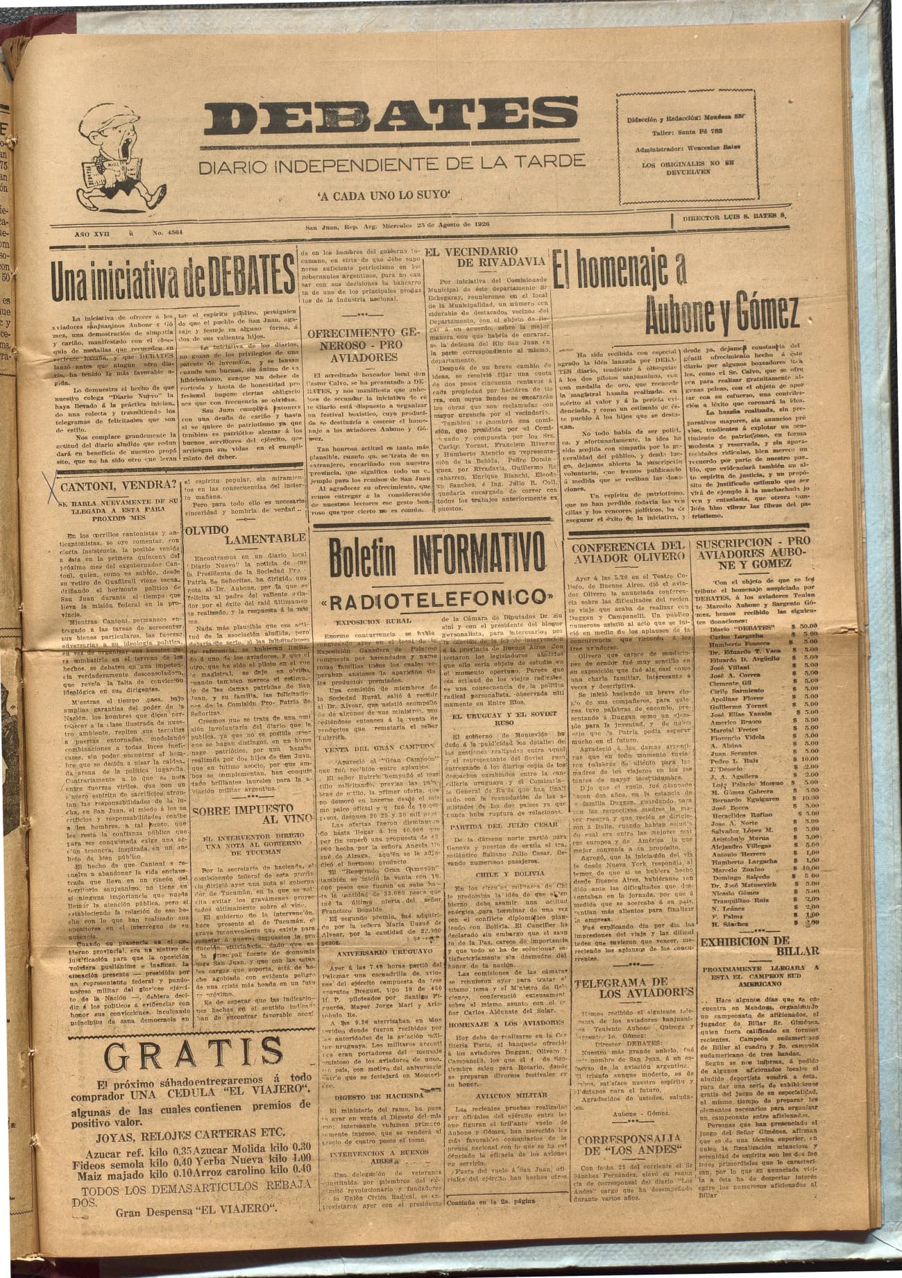 Portada · Diario Debates del 25 de agosto de 1926
