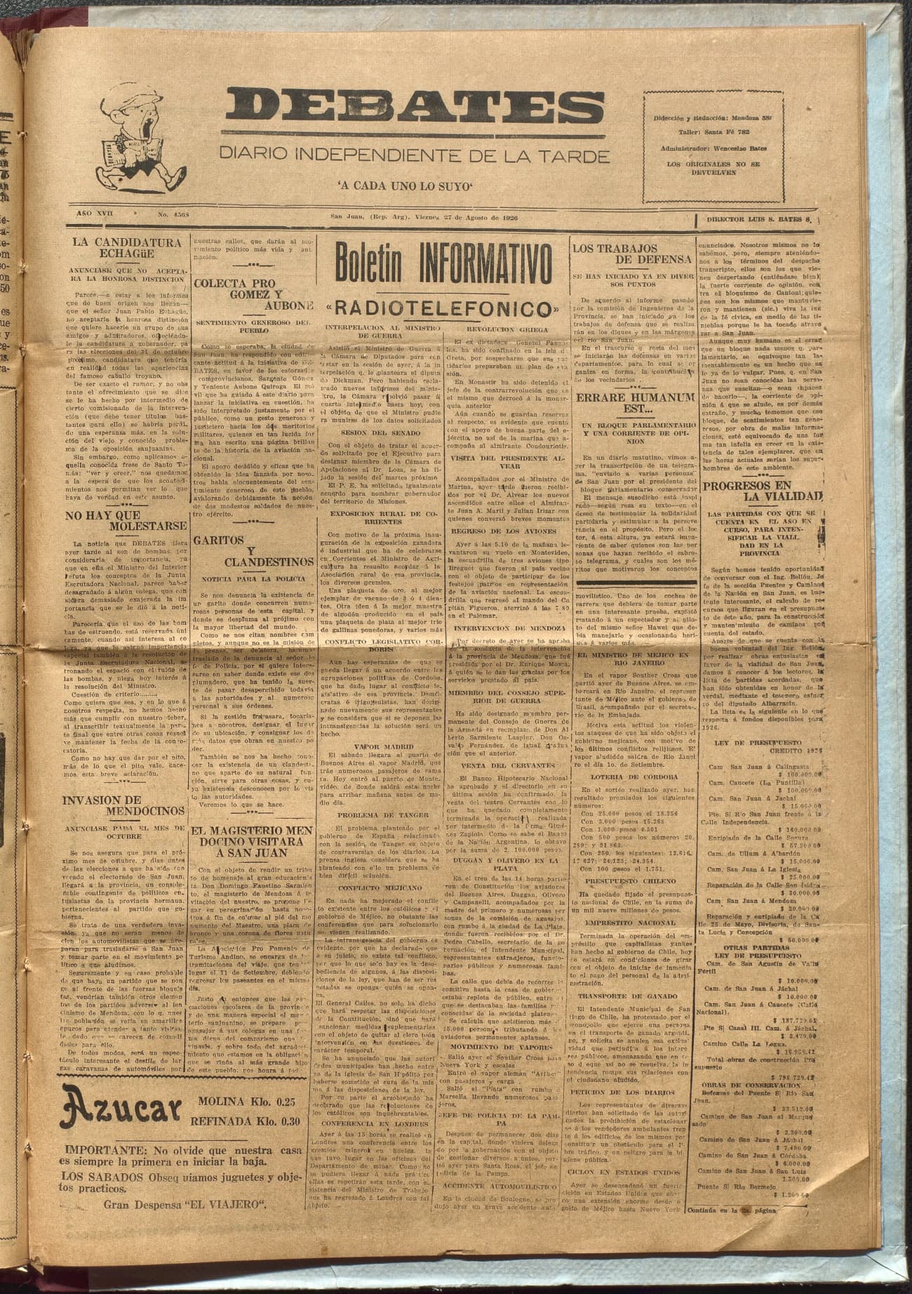 Portada · Diario Debates del 27 de agosto de 1926