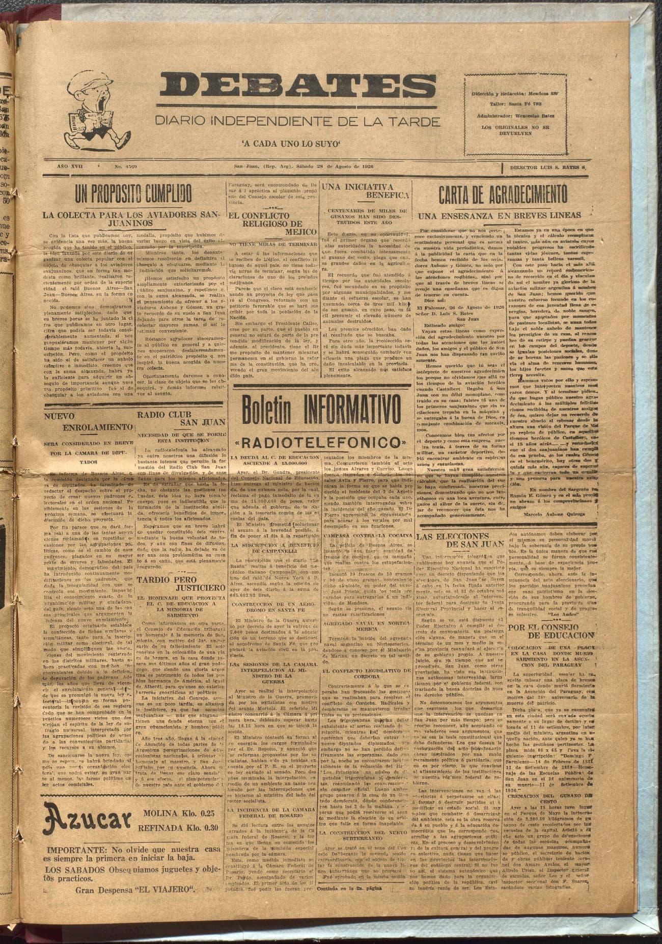 Portada · Diario Debates del 28 de agosto de 1926