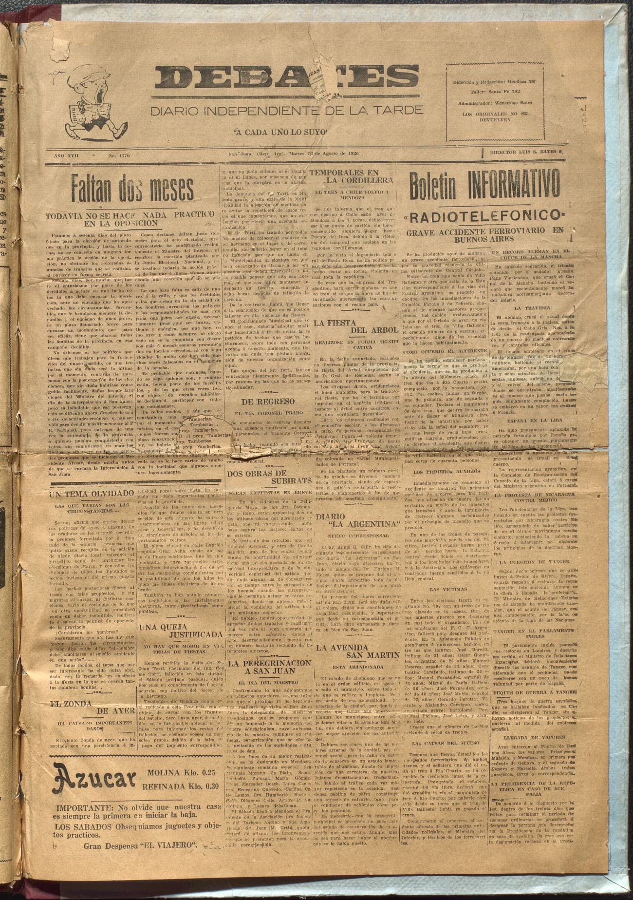 Portada · Diario Debates del 31 de agosto de 1926