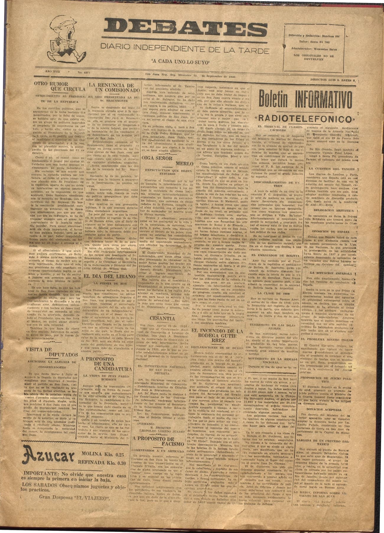 Portada · Diario Debates del 1 de septiembre de 1926