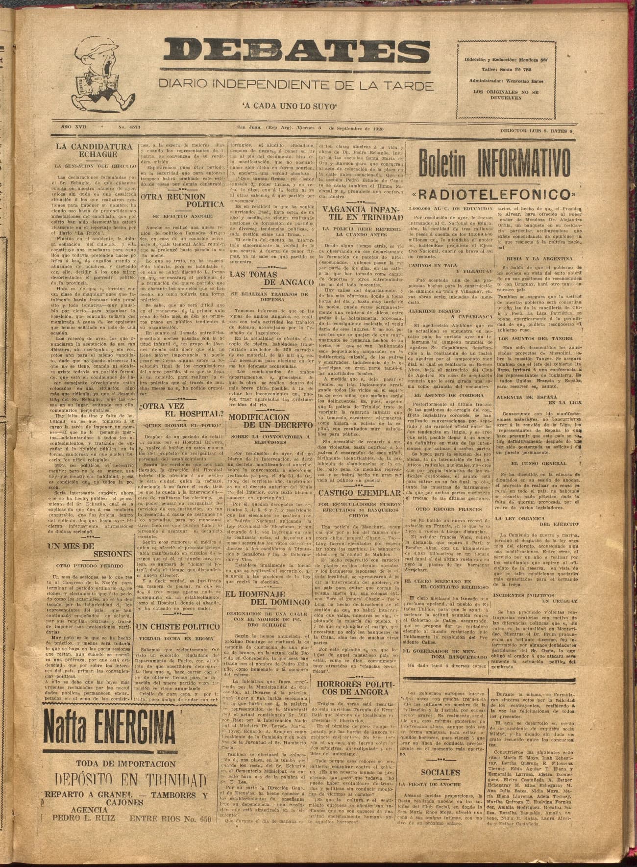 Portada · Diario Debates del 3 de septiembre de 1926