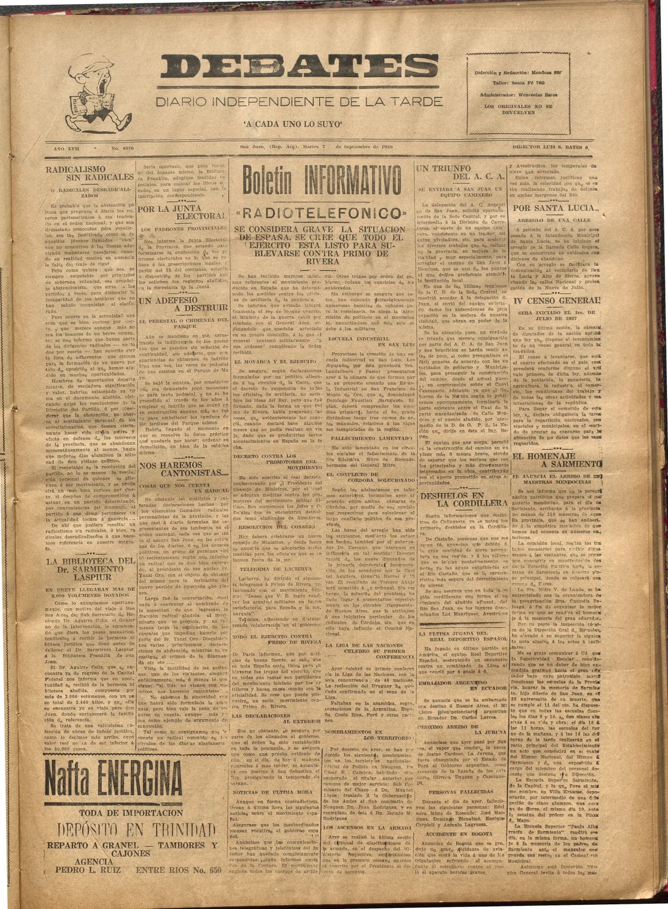 Portada · Diario Debates del 7 de septiembre de 1926