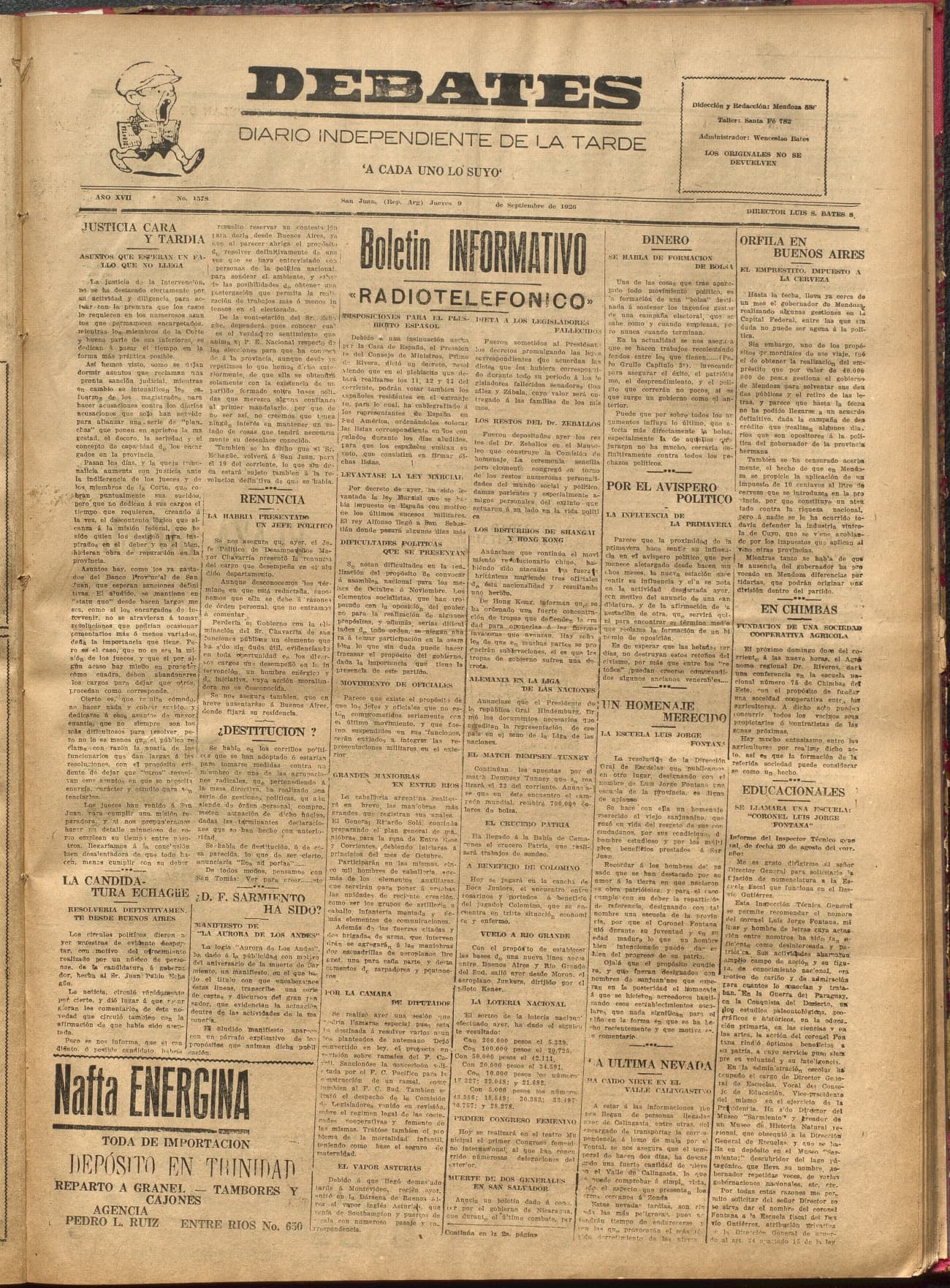 Portada · Diario Debates del 9 de septiembre de 1926