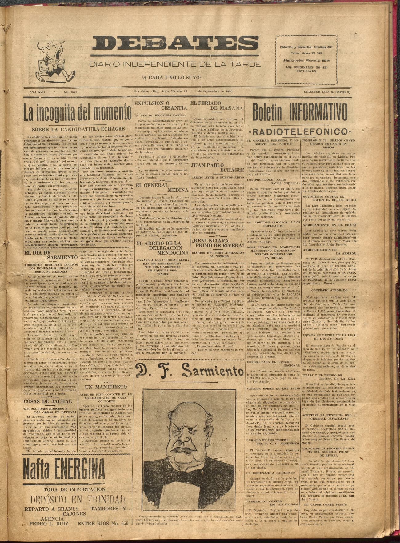 Portada · Diario Debates del 10 de septiembre de 1926