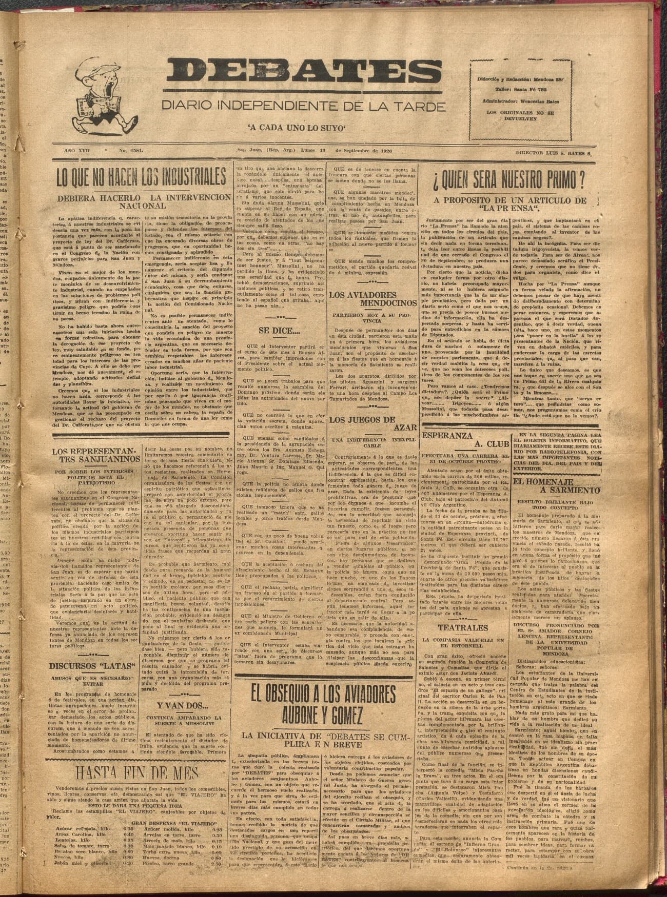 Portada · Diario Debates del 13 de septiembre de 1926