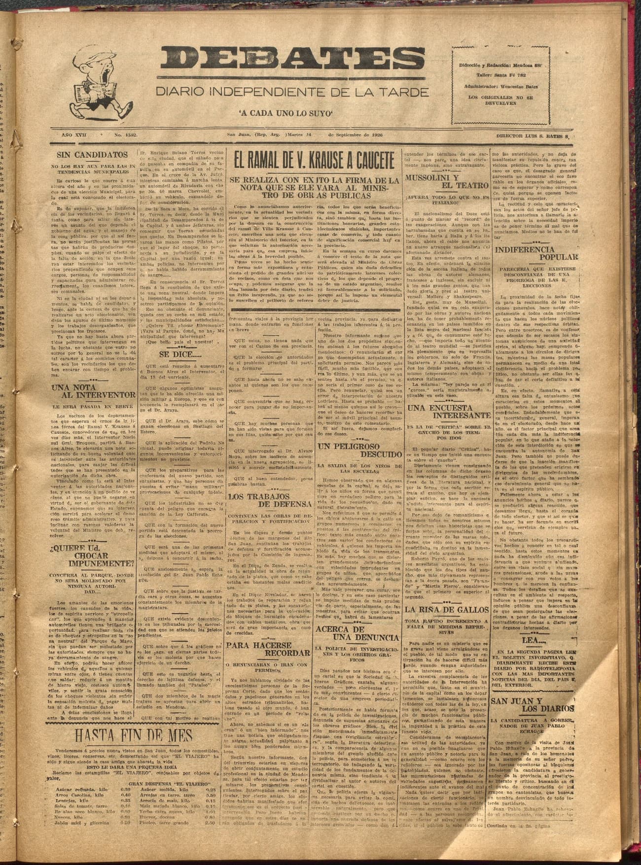 Portada · Diario Debates del 14 de septiembre de 1926
