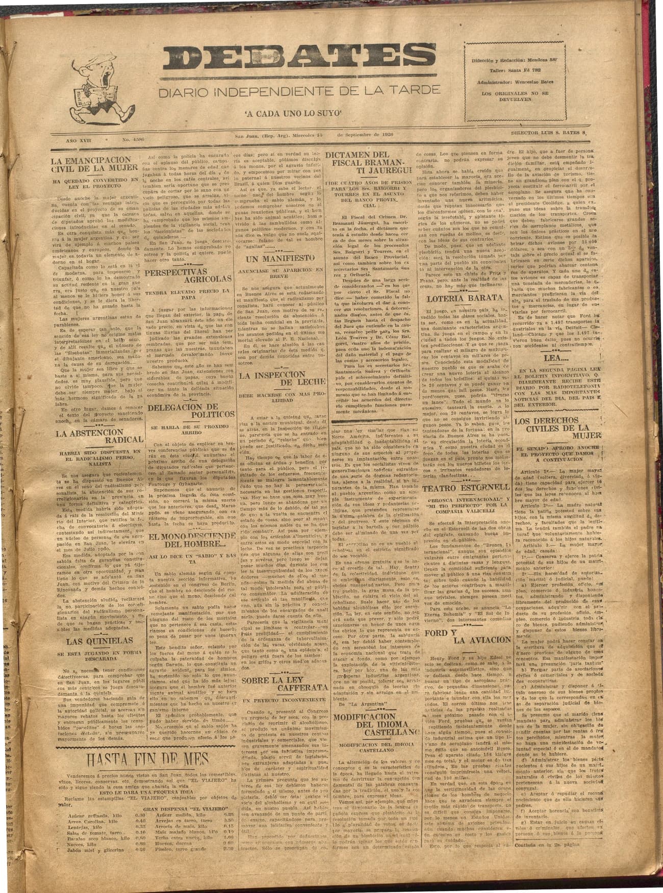Portada · Diario Debates del 15 de septiembre de 1926