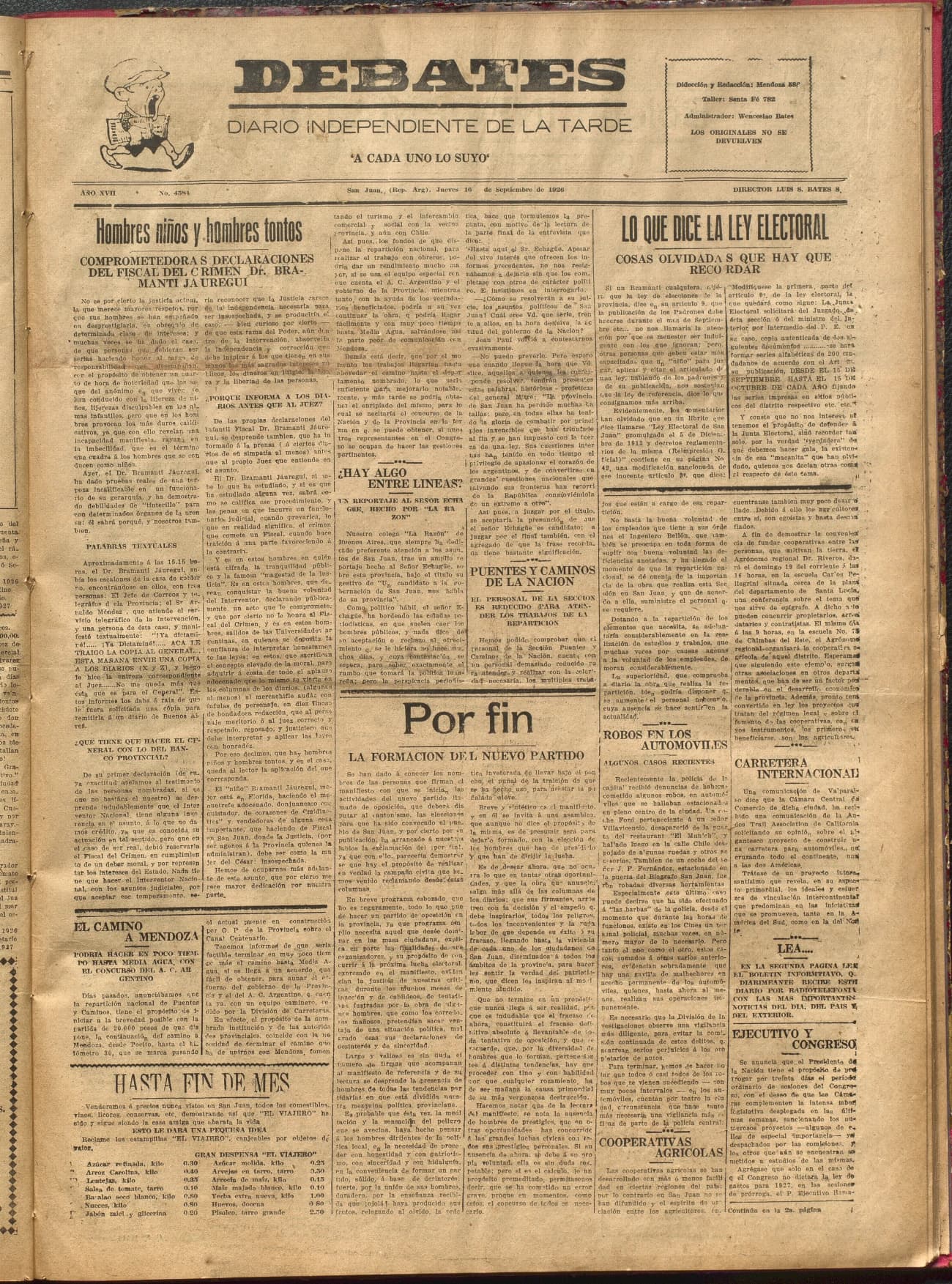 Portada · Diario Debates del 16 de septiembre de 1926
