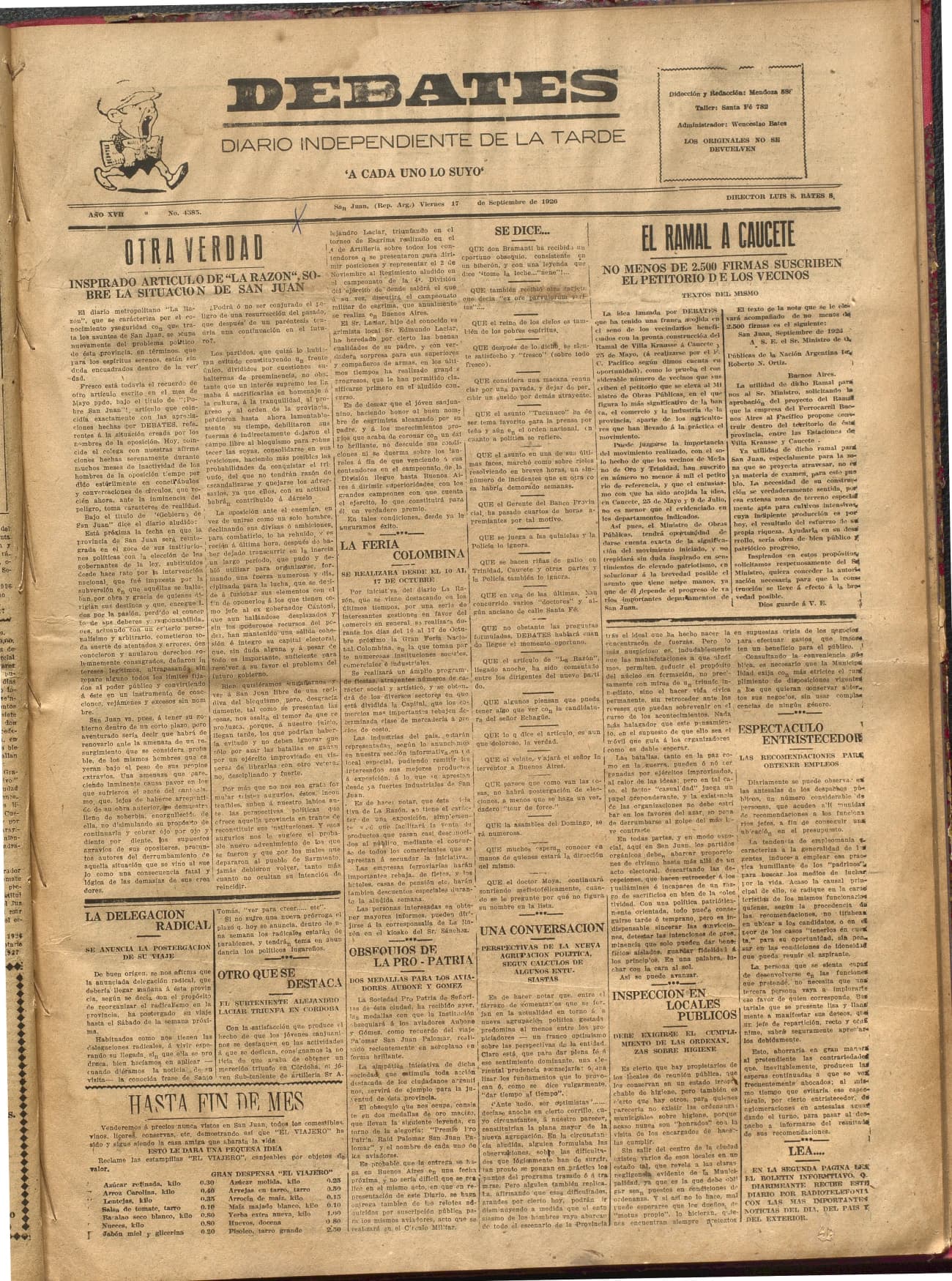 Portada · Diario Debates del 17 de septiembre de 1926