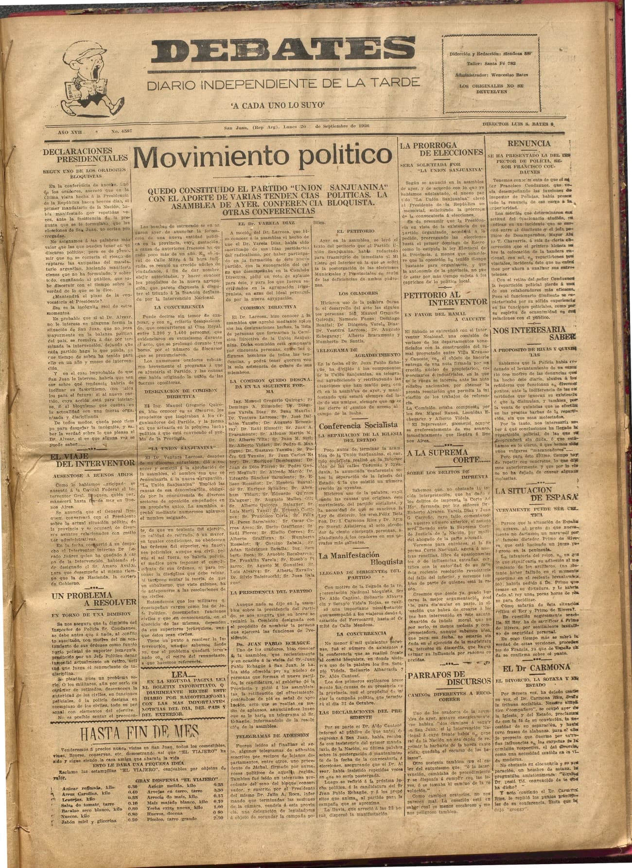 Portada · Diario Debates del 20 de septiembre de 1926