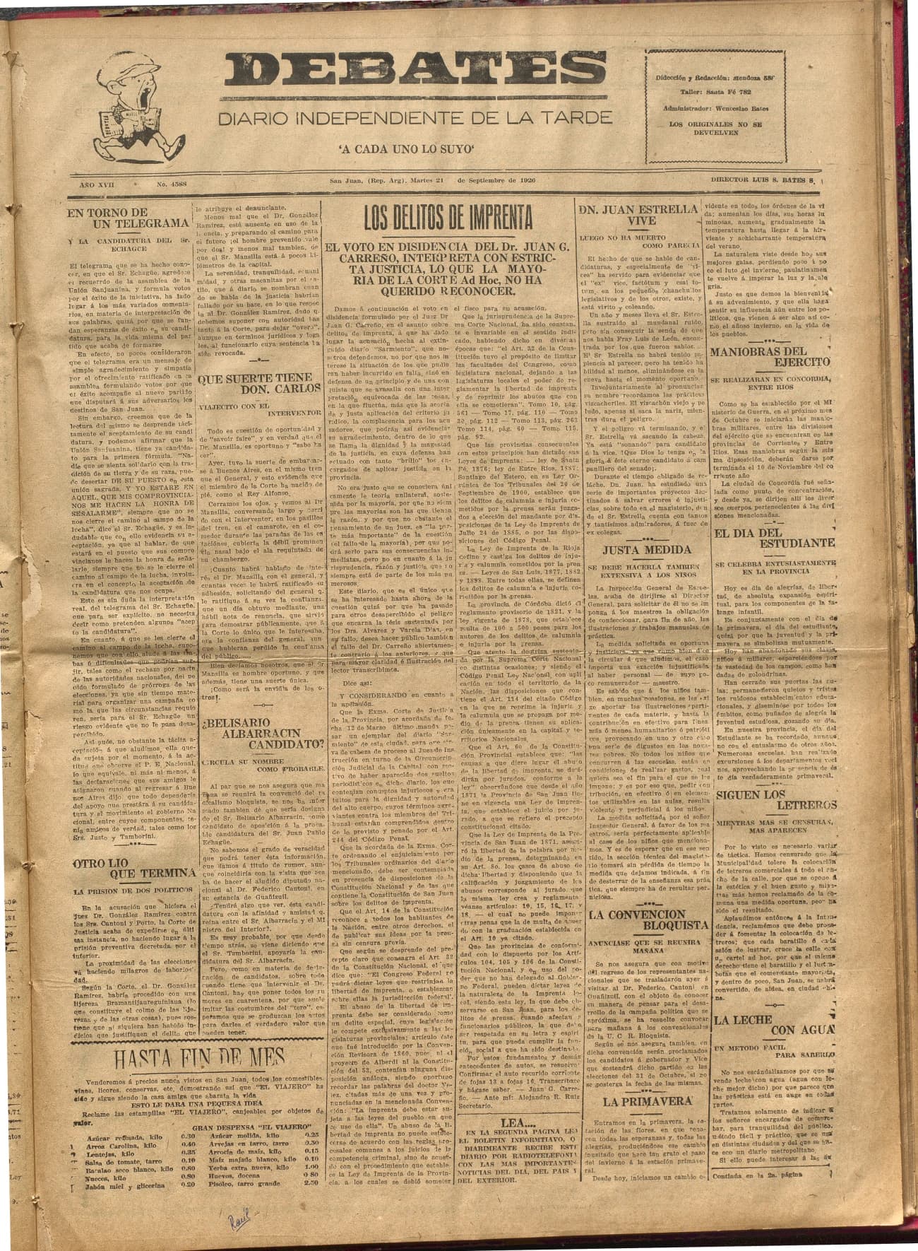 Portada · Diario Debates del 21 de septiembre de 1926
