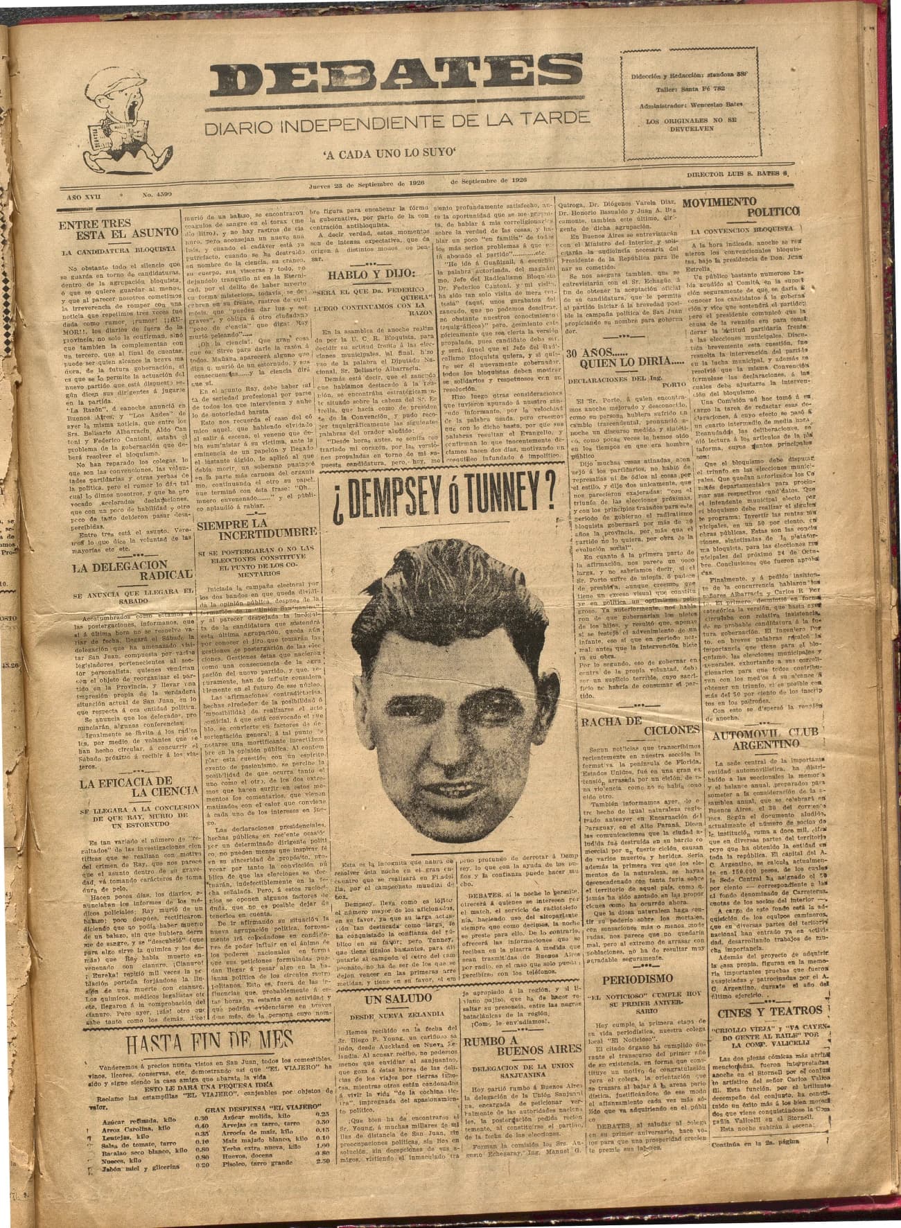 Portada · Diario Debates del 23 de septiembre de 1926