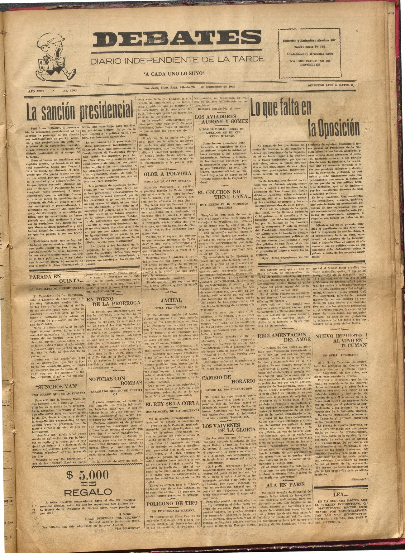 Portada · Diario Debates del 25 de septiembre de 1926