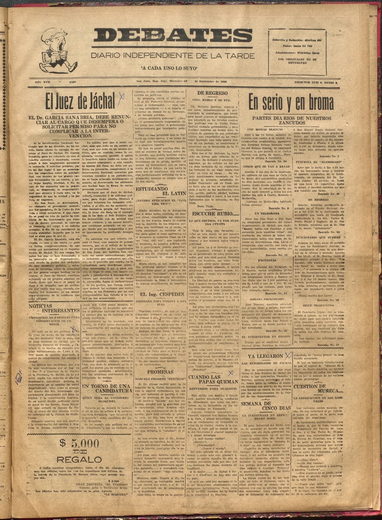 Portada · Diario Debates del 29 de septiembre de 1926