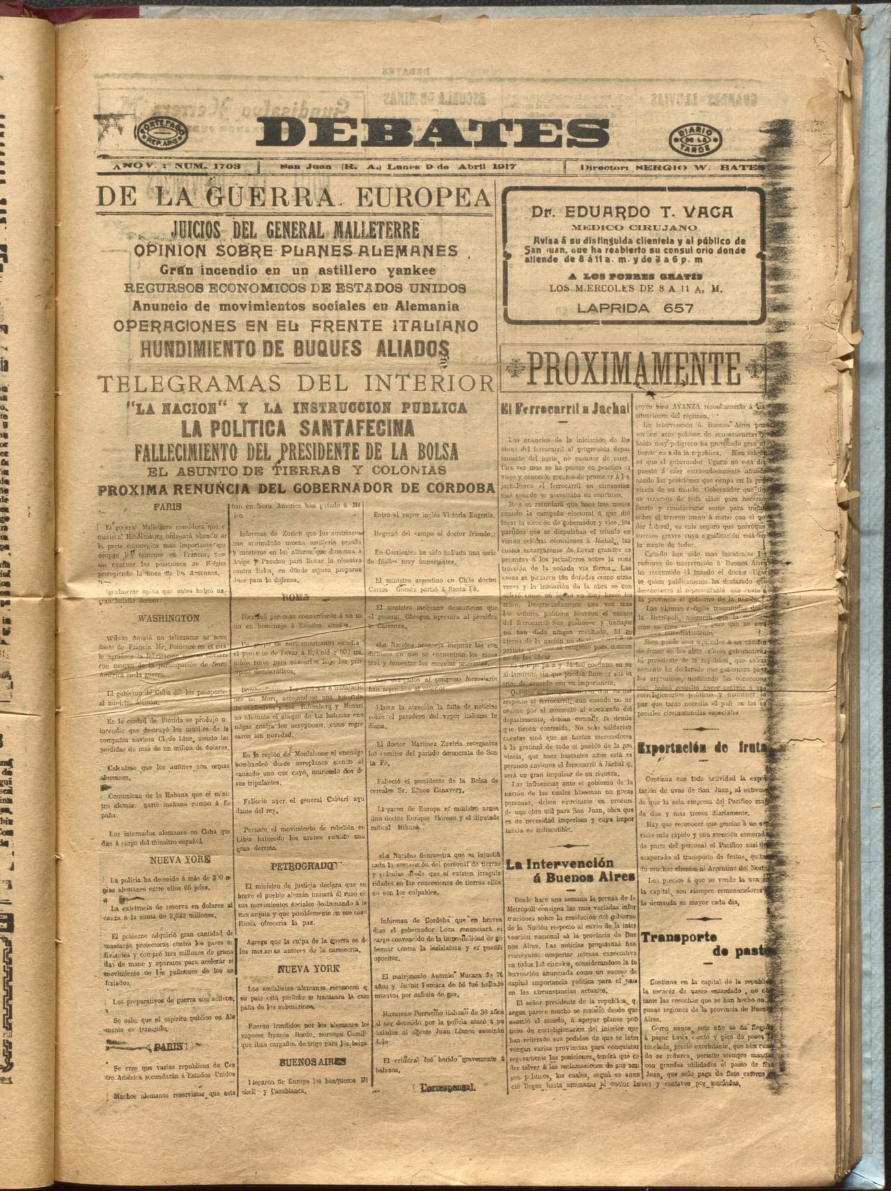 Portada · Diario Debates del 9 de abril de 1917