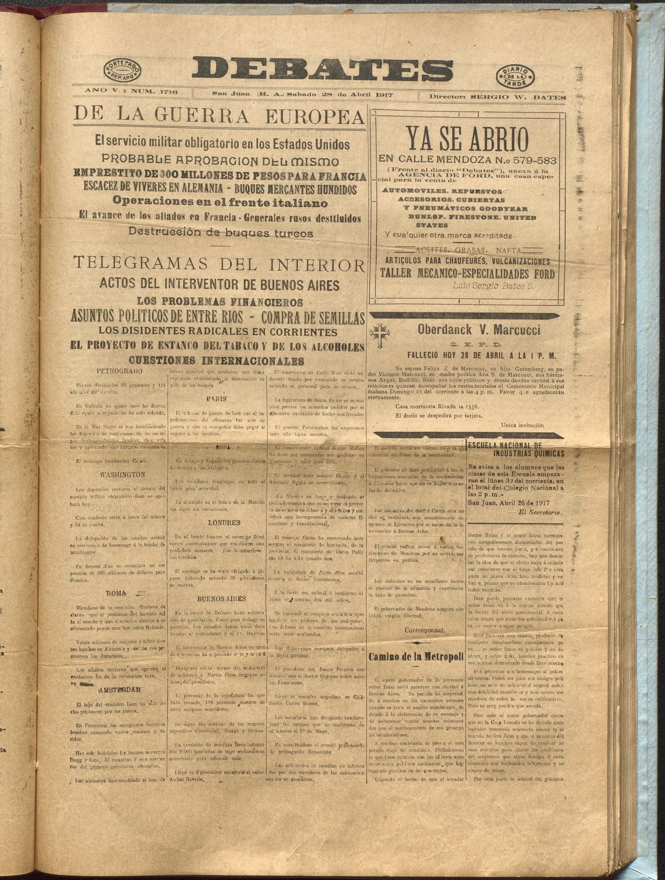 Portada · Diario Debates del 28 de abril de 1917