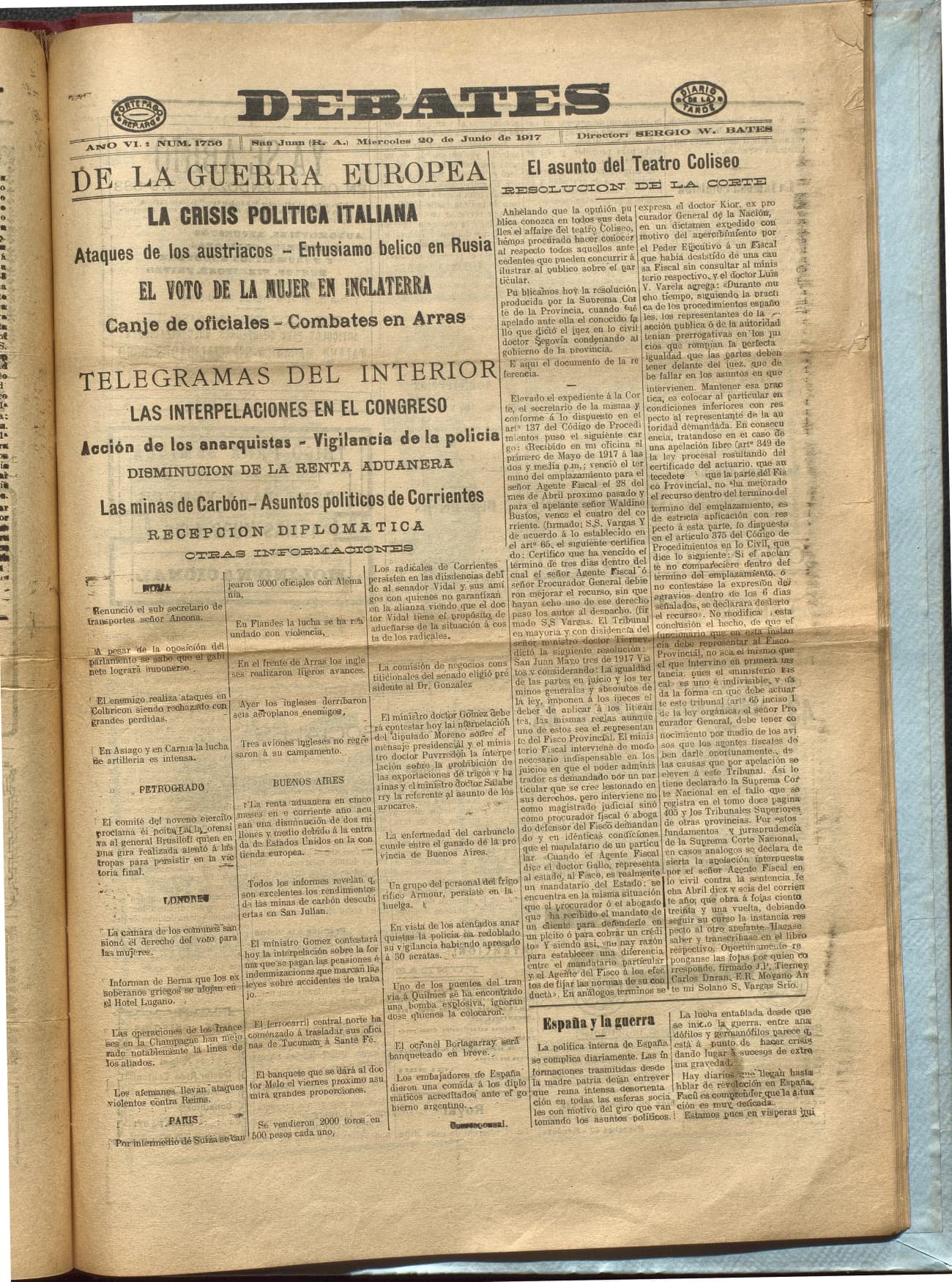 Portada · Diario Debates del 20 de junio de 1917
