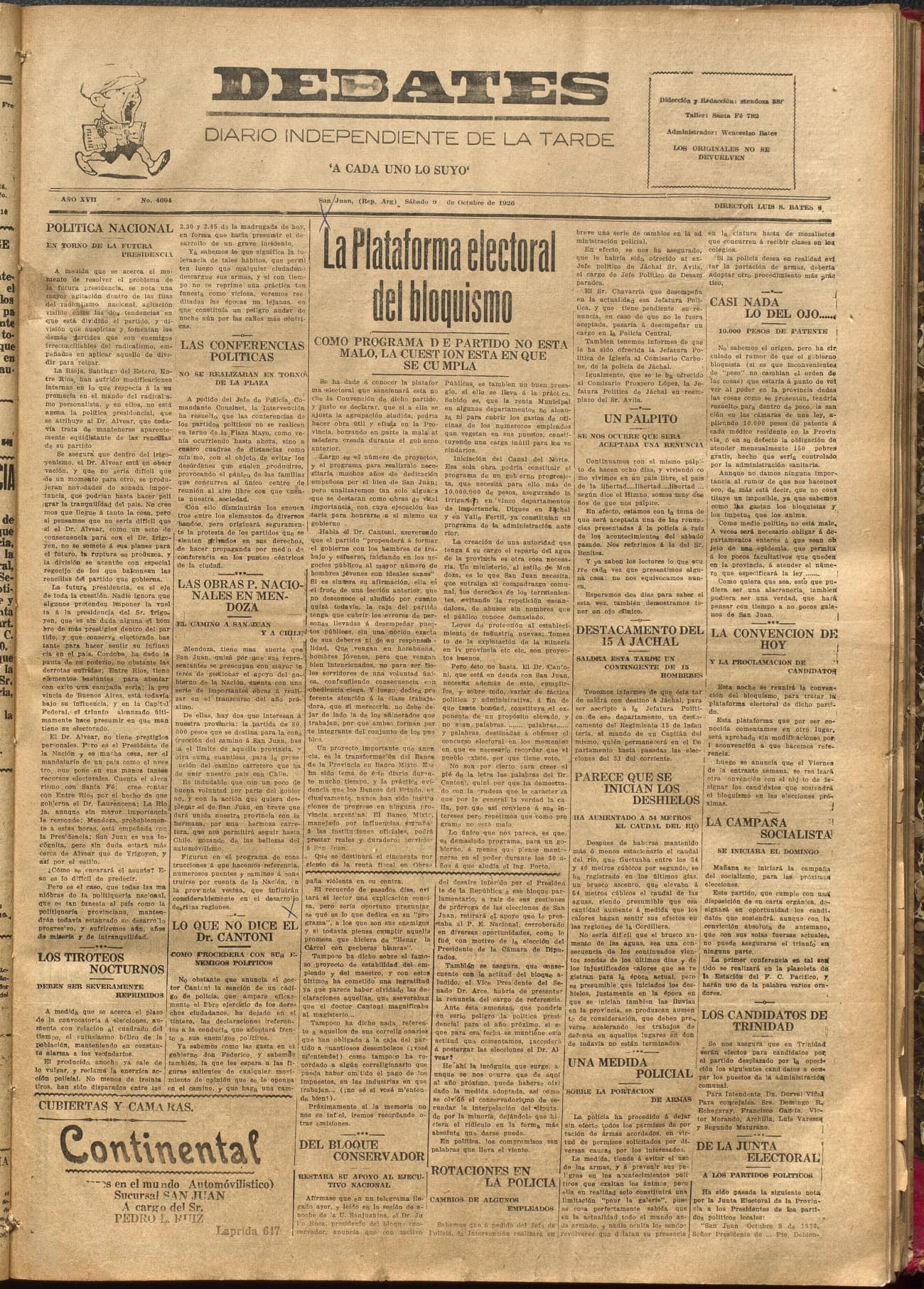 Portada · Diario Debates del 9 de octubre de 1926