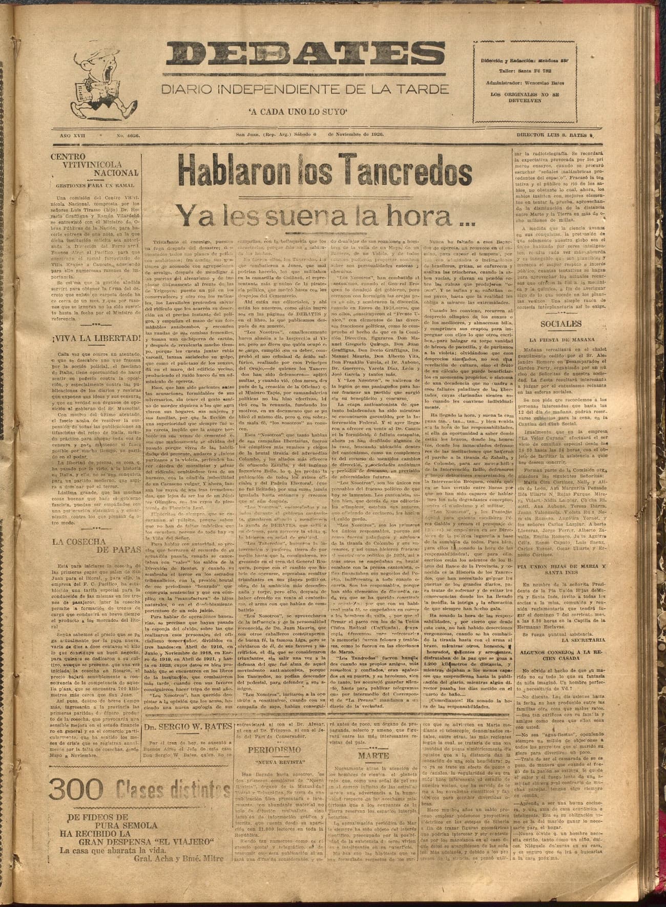 Portada · Diario Debates del 6 de noviembre de 1926