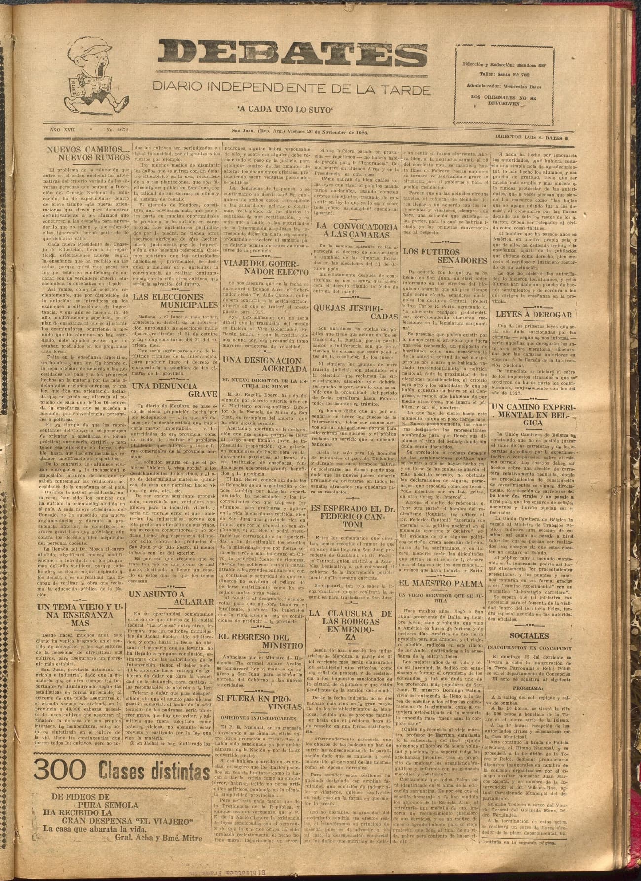 Portada · Diario Debates del 26 de noviembre de 1926