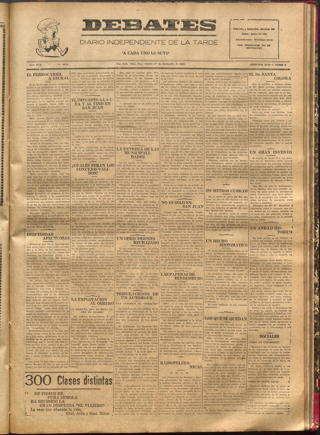 Portada · Diario Debates del 27 de noviembre de 1926