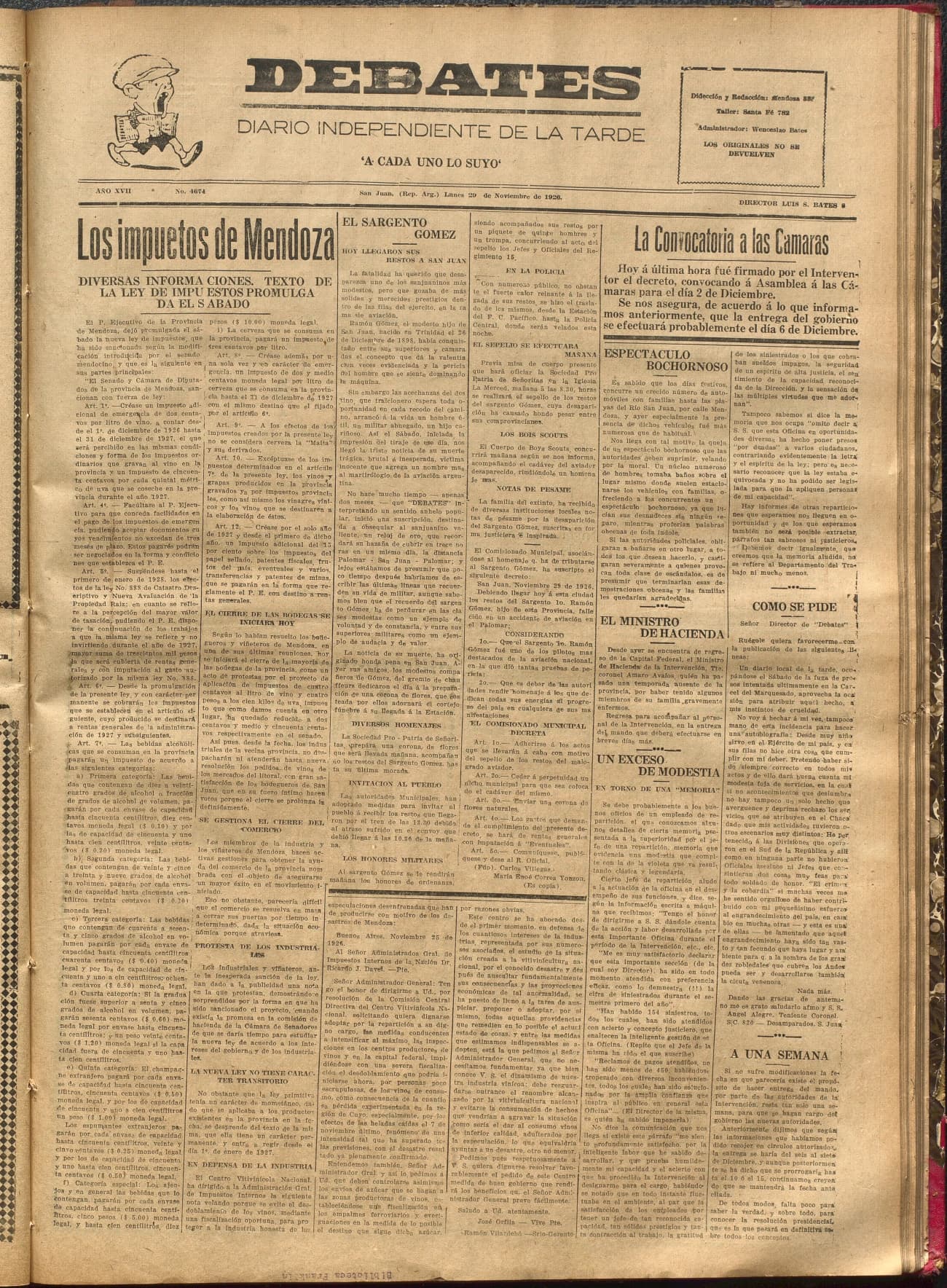 Portada · Diario Debates del 29 de noviembre de 1926