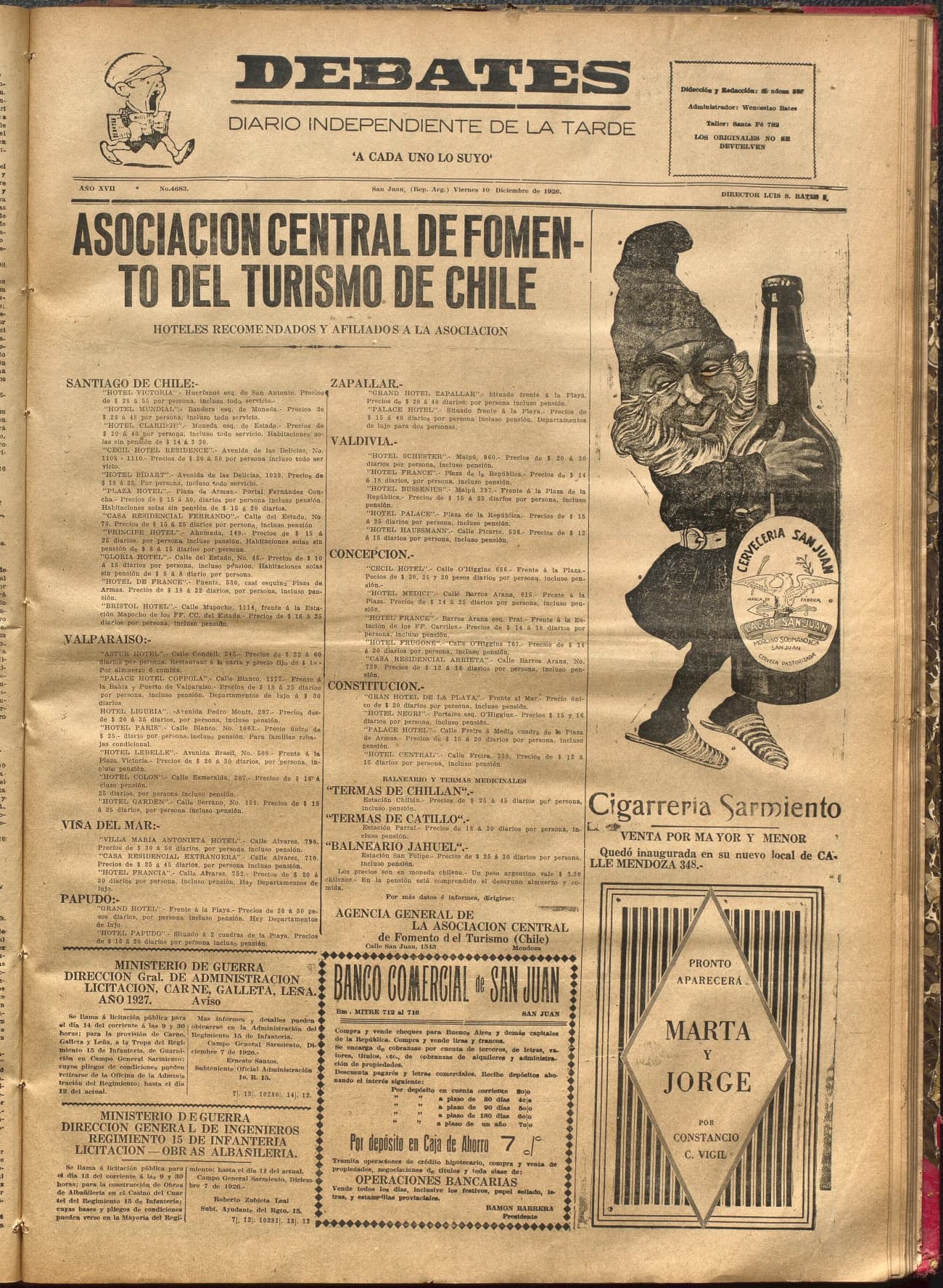 Portada · Diario Debates del 10 de diciembre de 1926