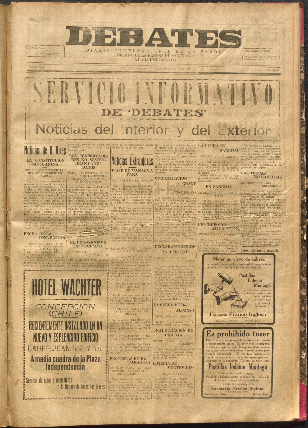 Portada · Diario Debates del 22 de marzo de 1927