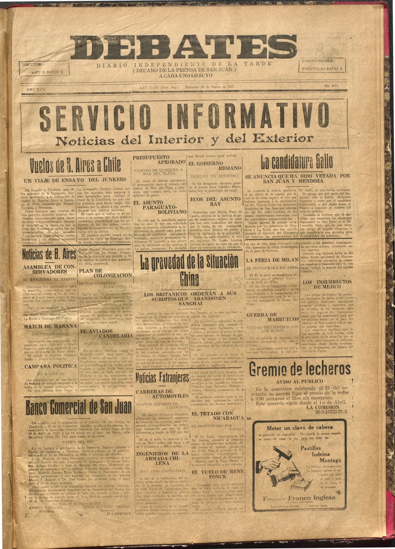 Portada · Diario Debates del 30 de marzo de 1927
