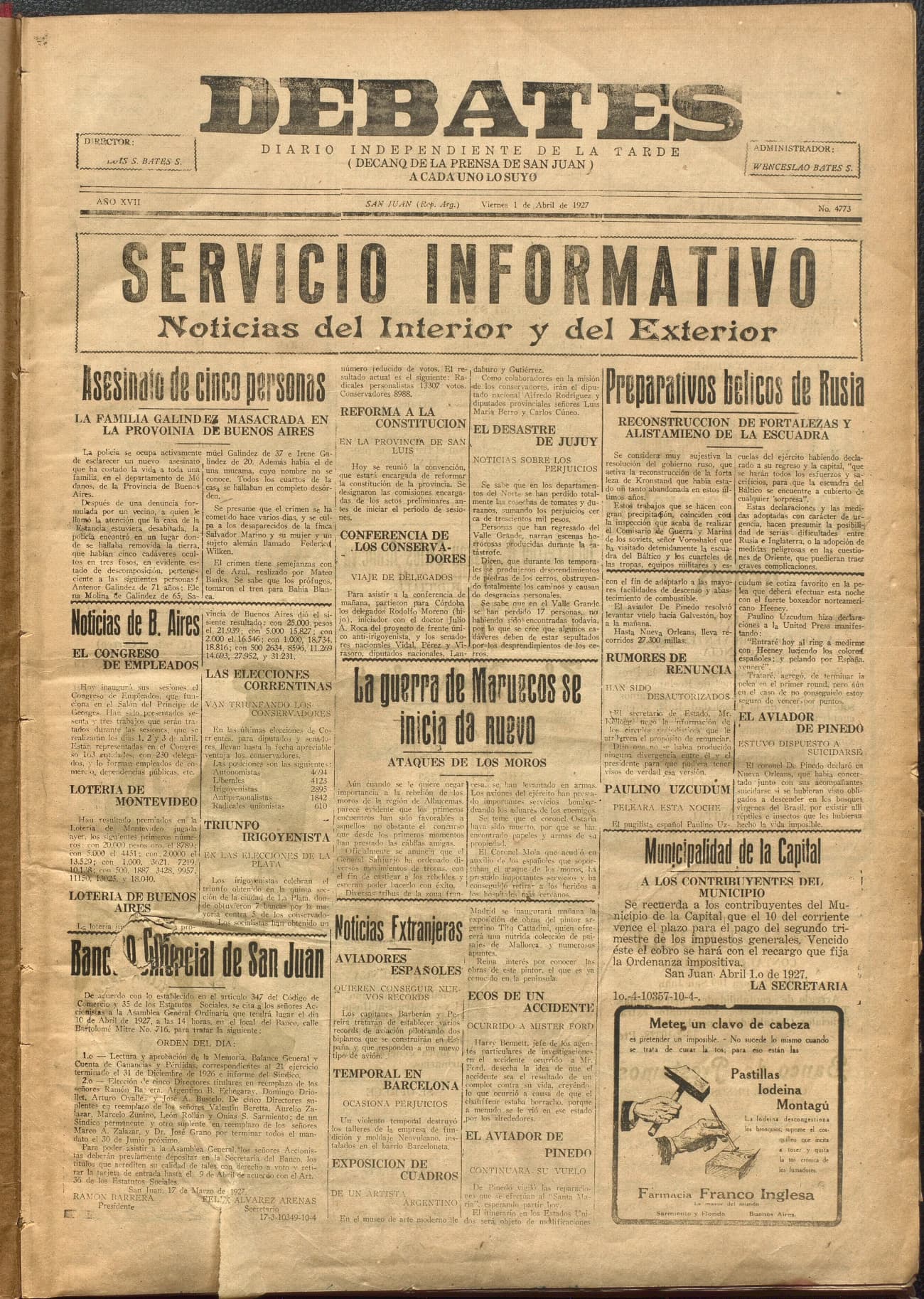 Portada · Diario Debates del 1 de abril de 1927